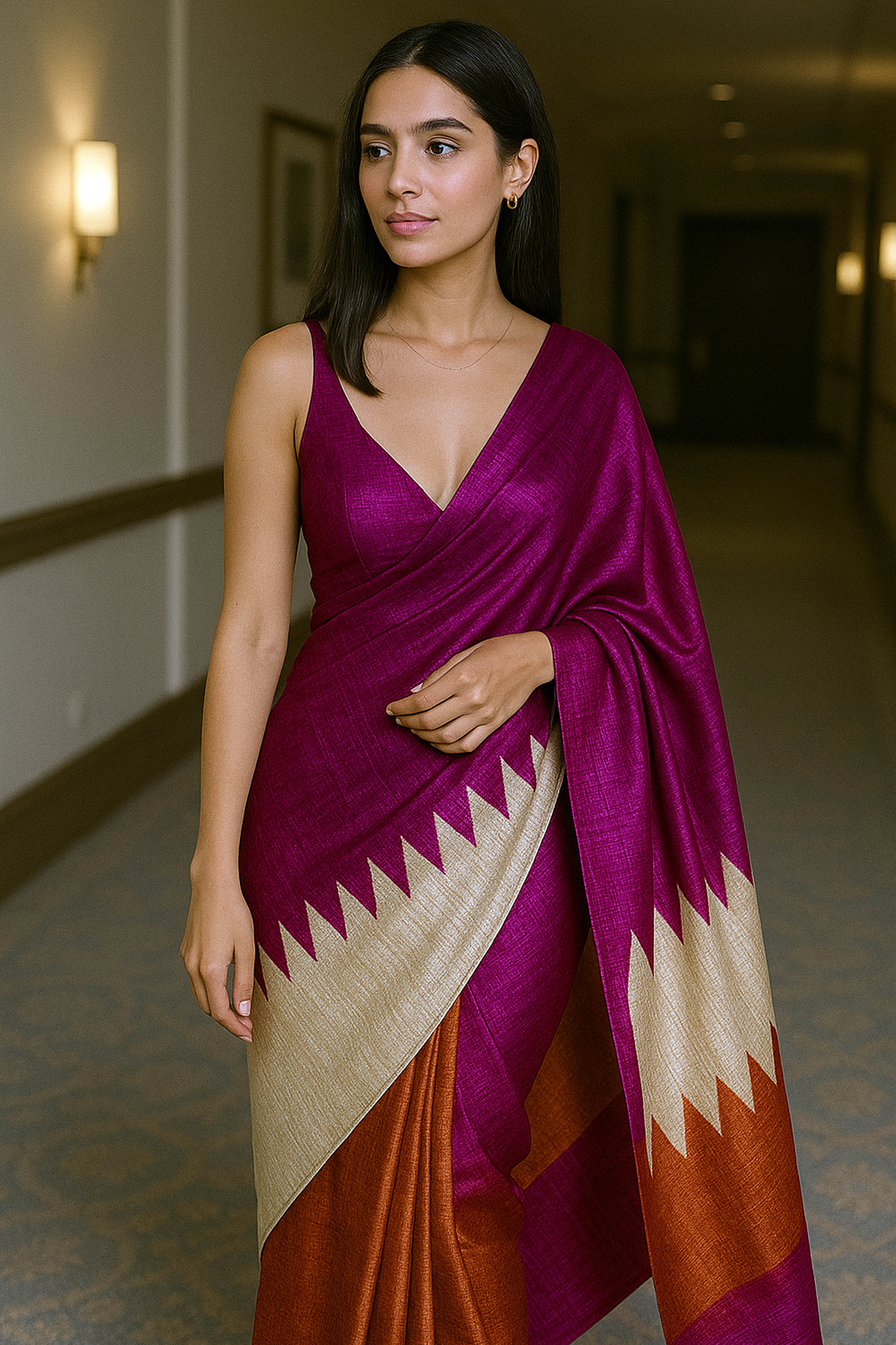 Navika Pure Ghicha Tussar Silk Saree in Screen Printing Beige, Orange & Pink Colour - Indian Handloomz