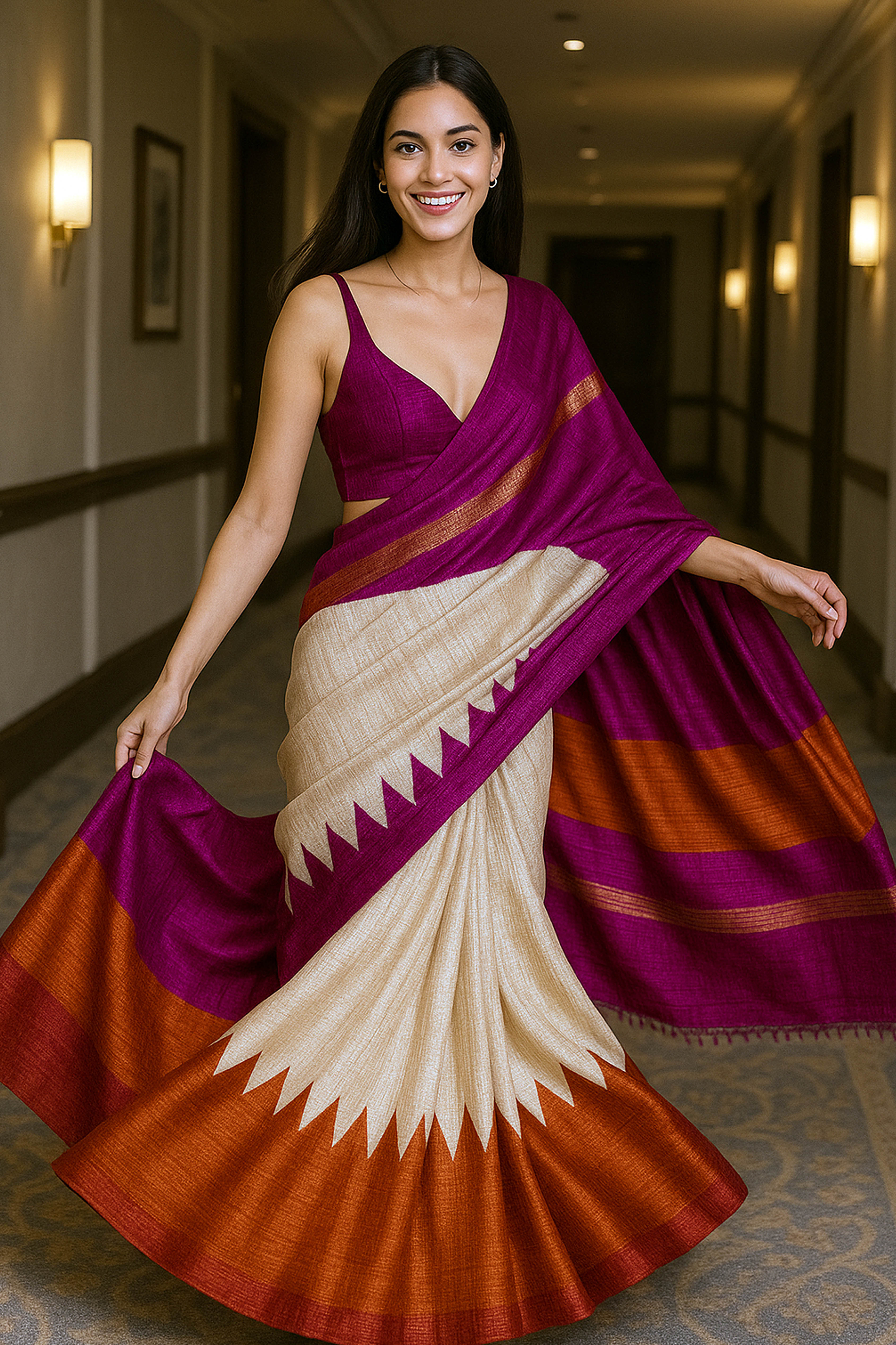 Navika Pure Ghicha Tussar Silk Saree in Screen Printing Beige, Orange & Pink Colour - Indian Handloomz