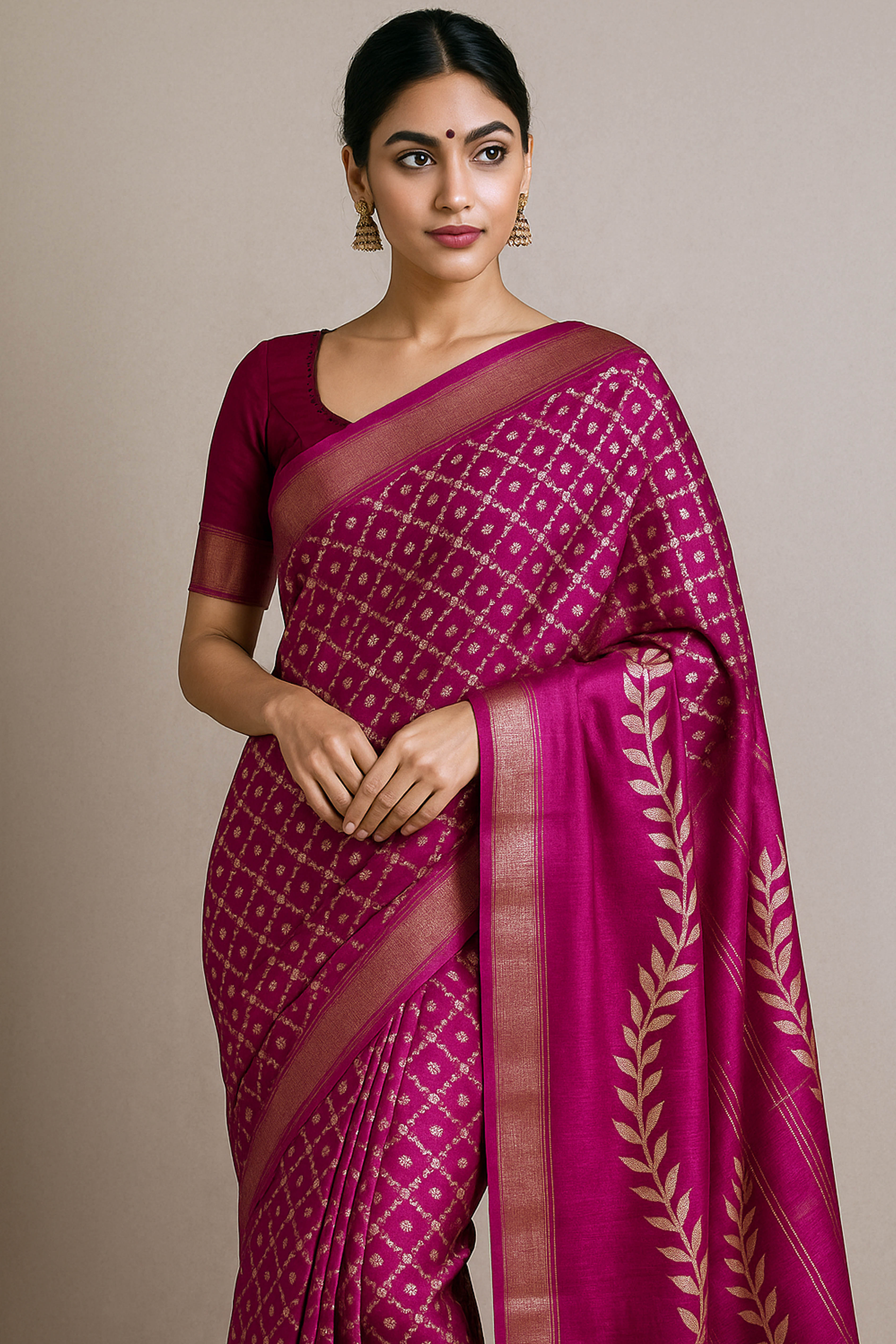 Ketaki Pure Ghicha Tussar Silk Saree in Screen Printing Beige & Pink Colour - Indian Handloomz