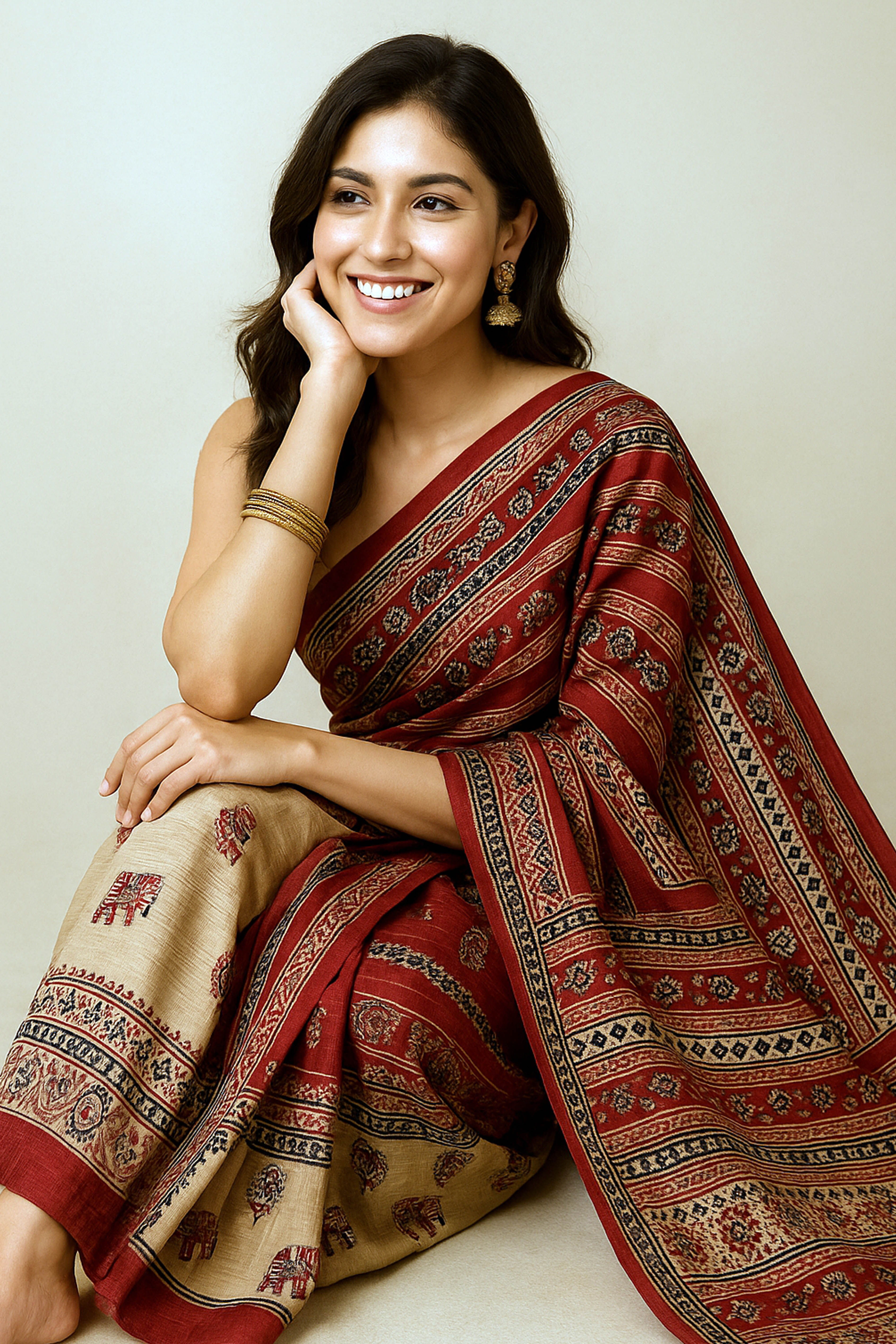 Gahana Pure Ghicha Tussar Silk Saree in Screen Printing Beige, Orange & Black - Indian Handloomz