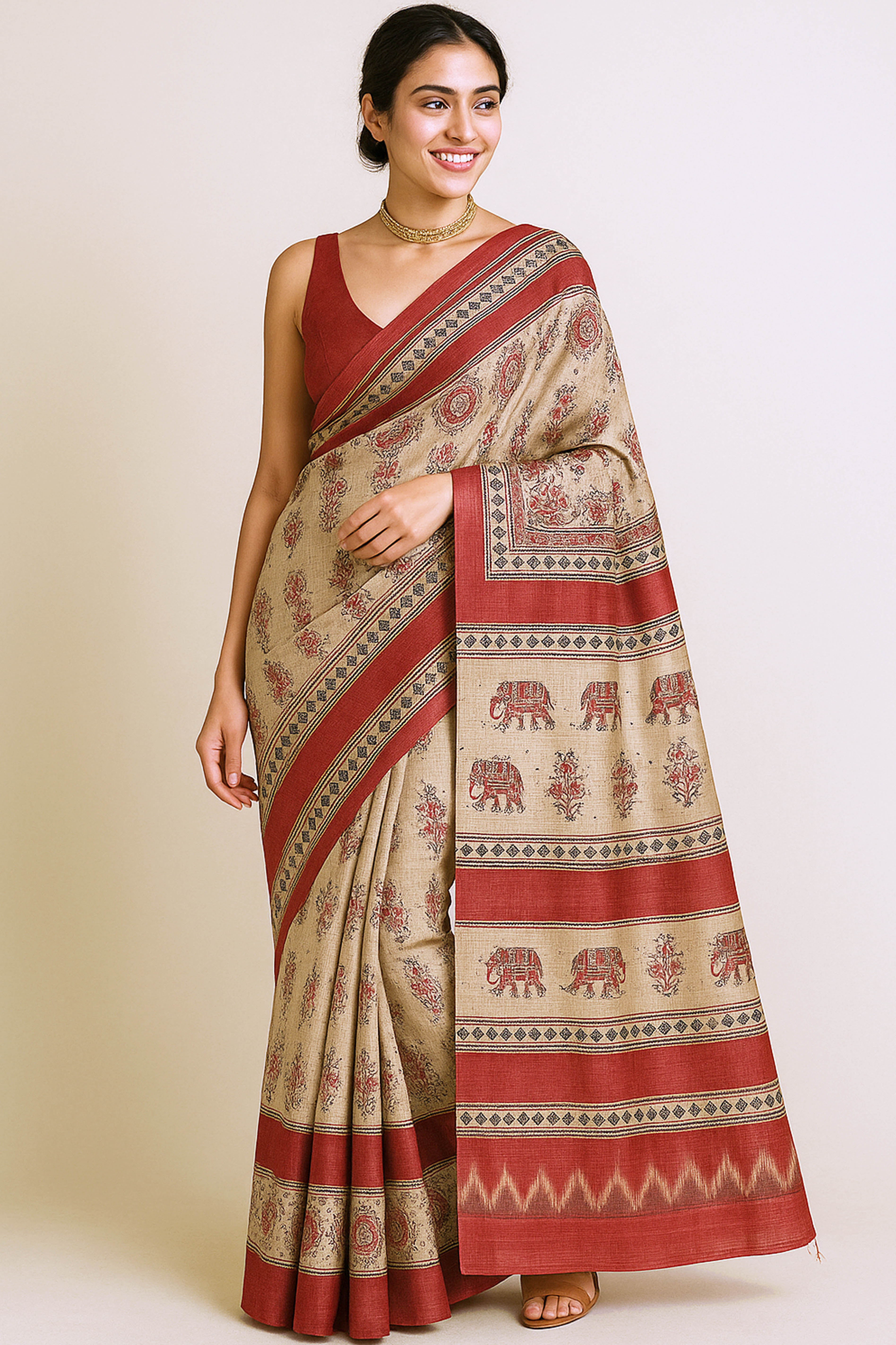 Gahana Pure Ghicha Tussar Silk Saree in Screen Printing Beige, Orange & Black - Indian Handloomz