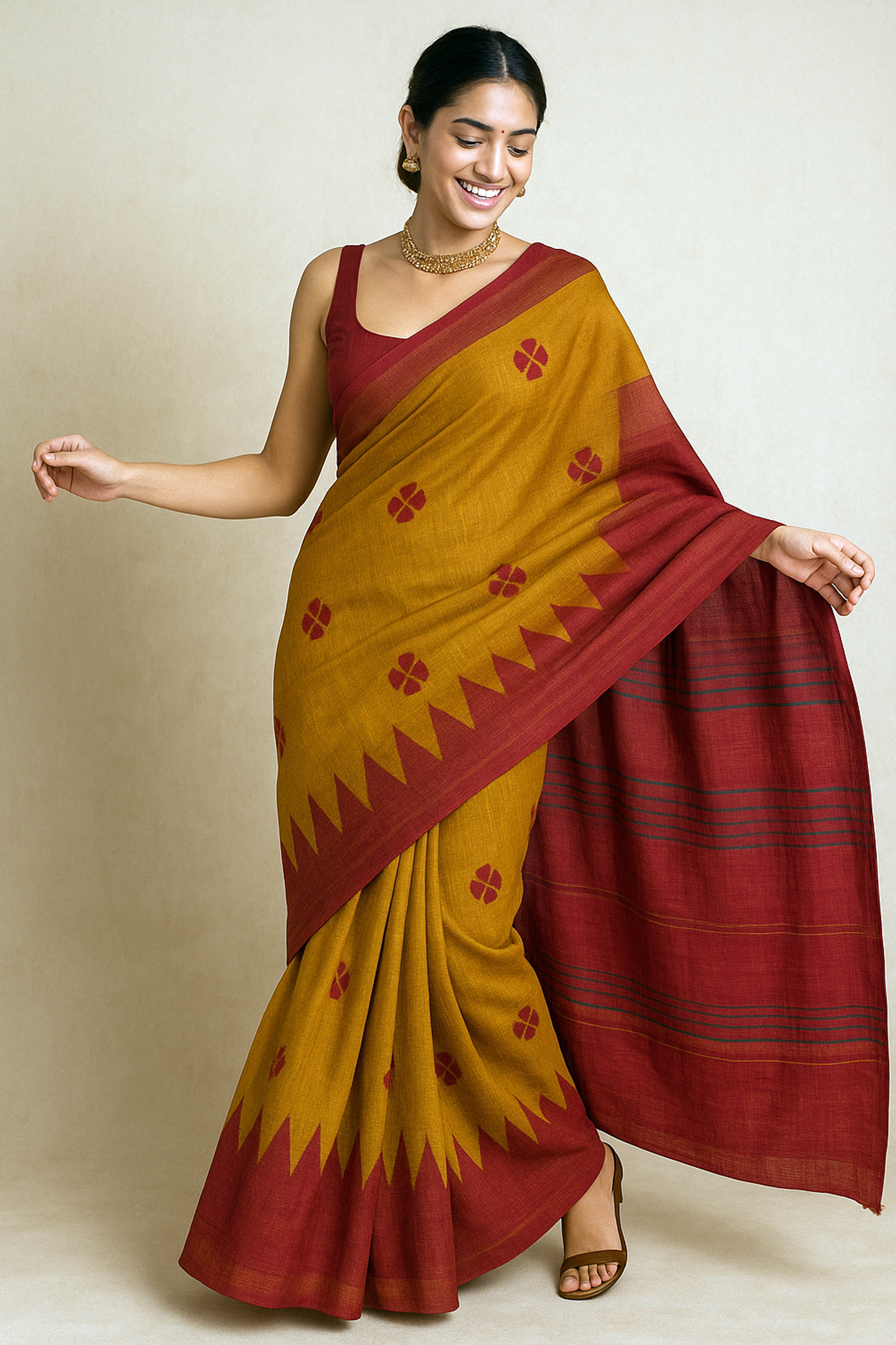 Vandana Pure Ghicha Tussar Silk Saree in Screen Printing Light & Dark Orange with Golden Lines - Indian Handloomz