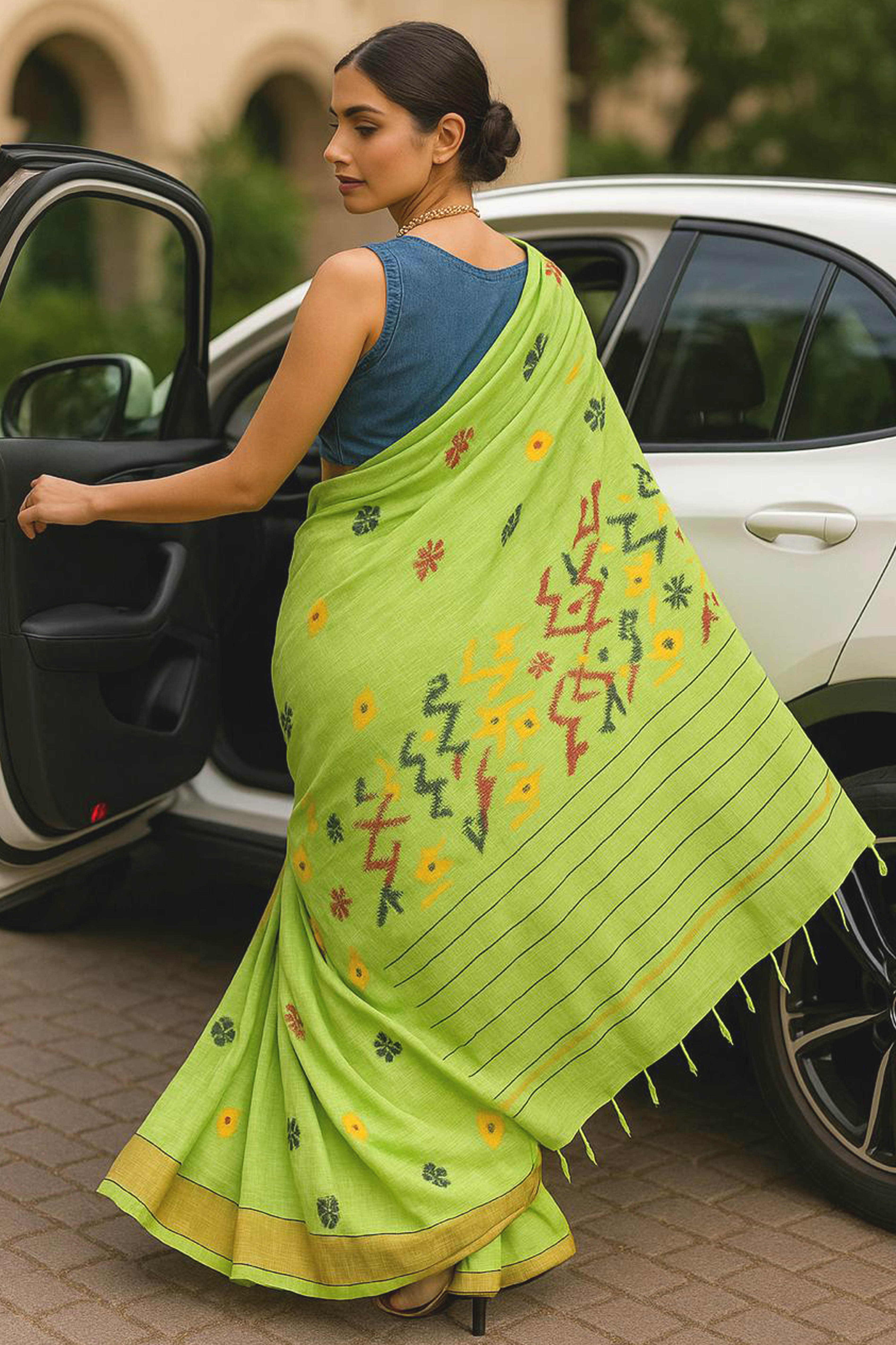 Parrot Green Pure Cotton Linen Saree - Indian Handloomz