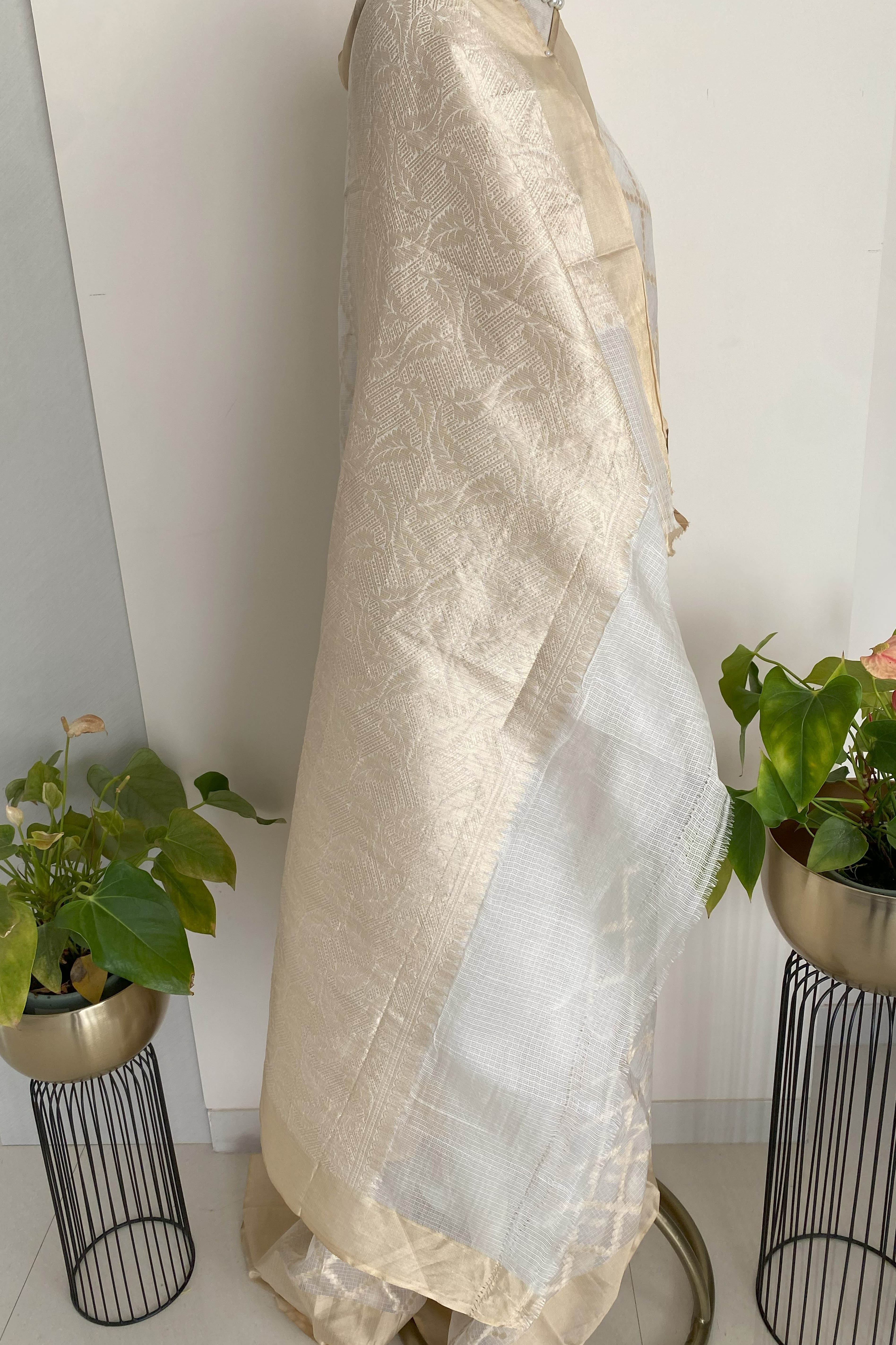 Pearl White & Golden Kota Silk Saree - Indian Handloomz