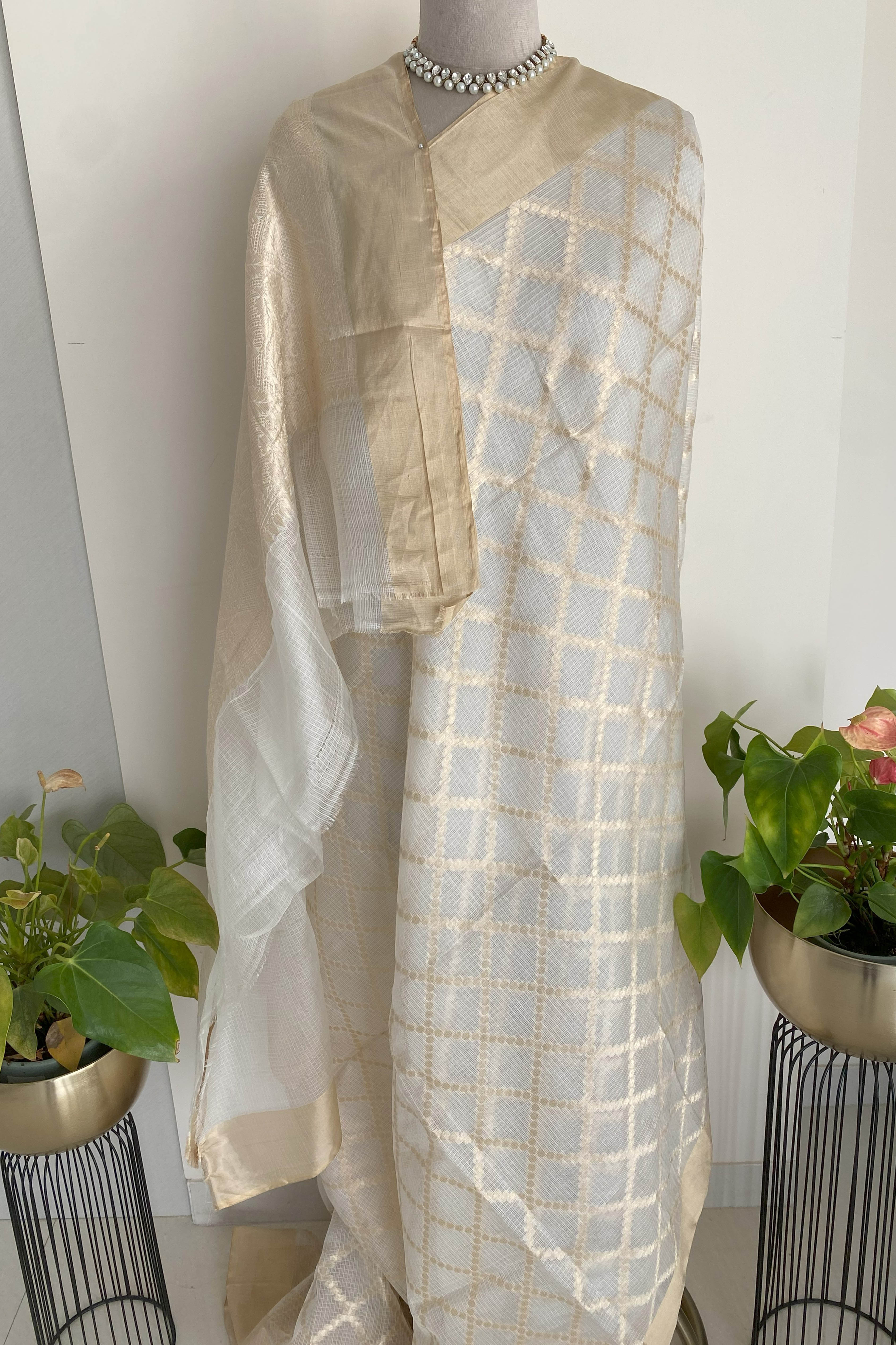 Pearl White & Golden Kota Silk Saree - Indian Handloomz