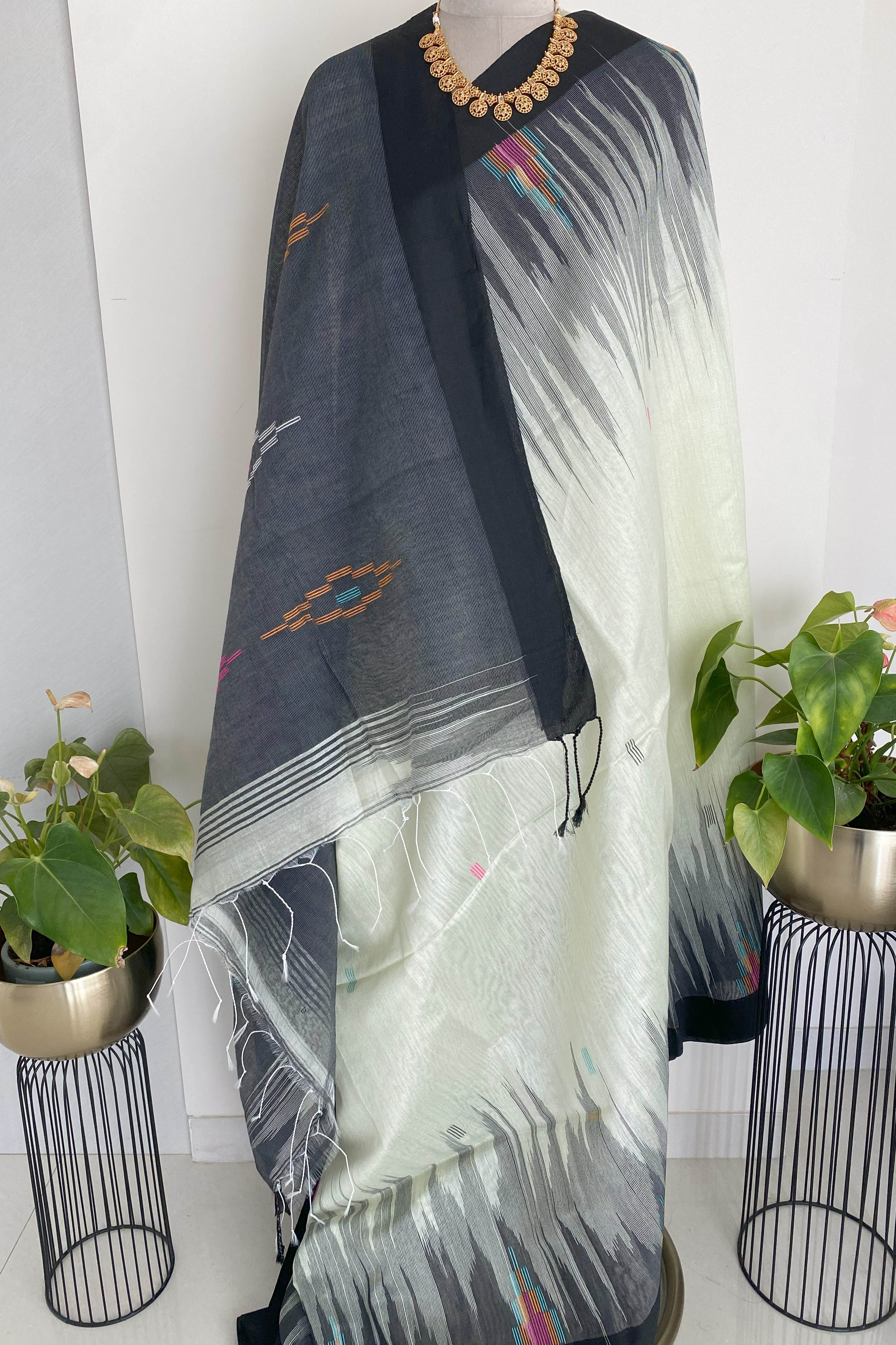 Pearl White & Grey Ikkat Saree - Indian Handloomz