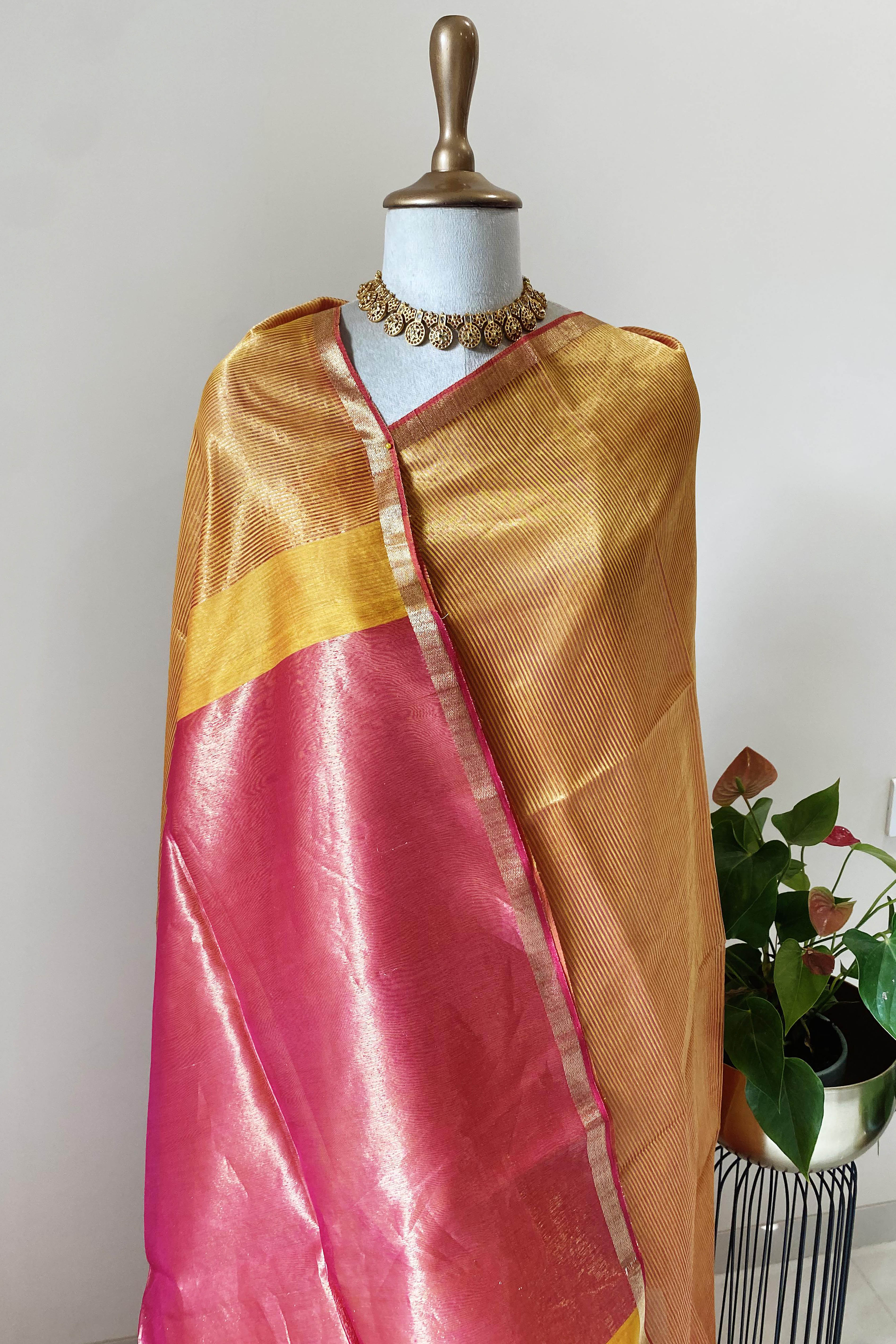 Kimaya Golden Yellow Body with Dark Pink Palla Maheshwari Silk Cotton Tissue Saree - Indian Handloomz