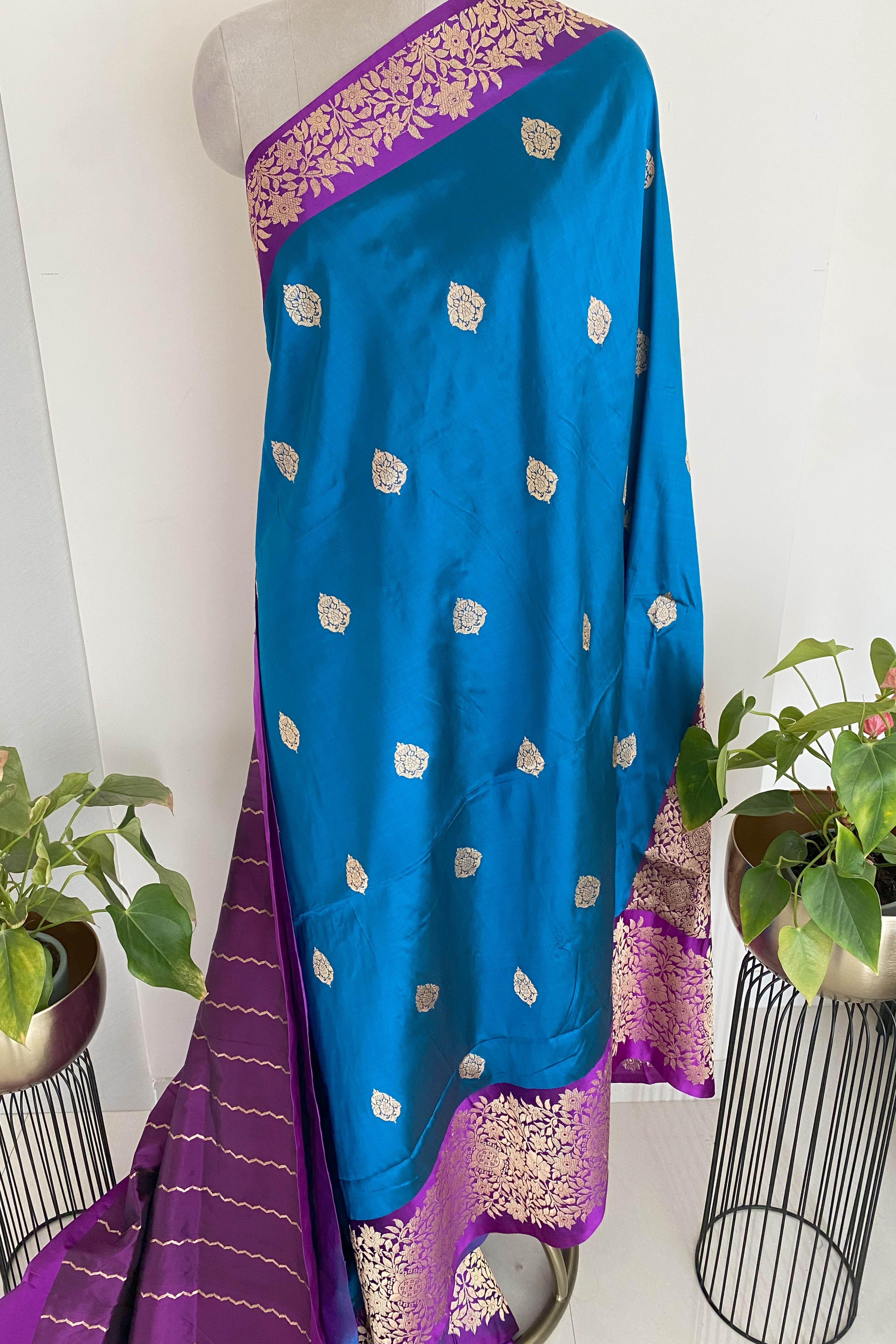Pure Banarasi Katan Silk Saree in Peacock Blue with Aubergine - Indian Handloomz