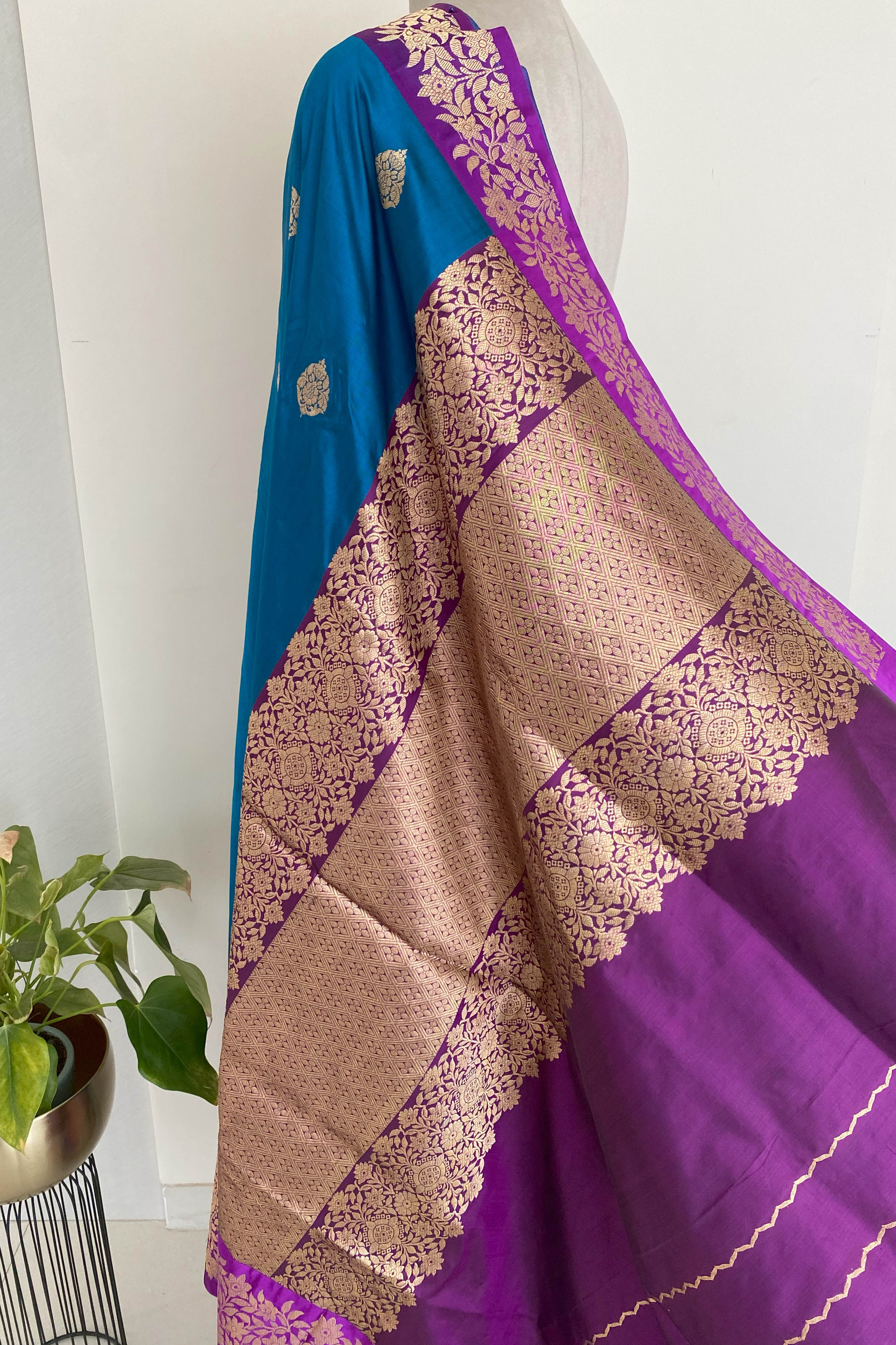 Pure Banarasi Katan Silk Saree in Peacock Blue with Aubergine - Indian Handloomz