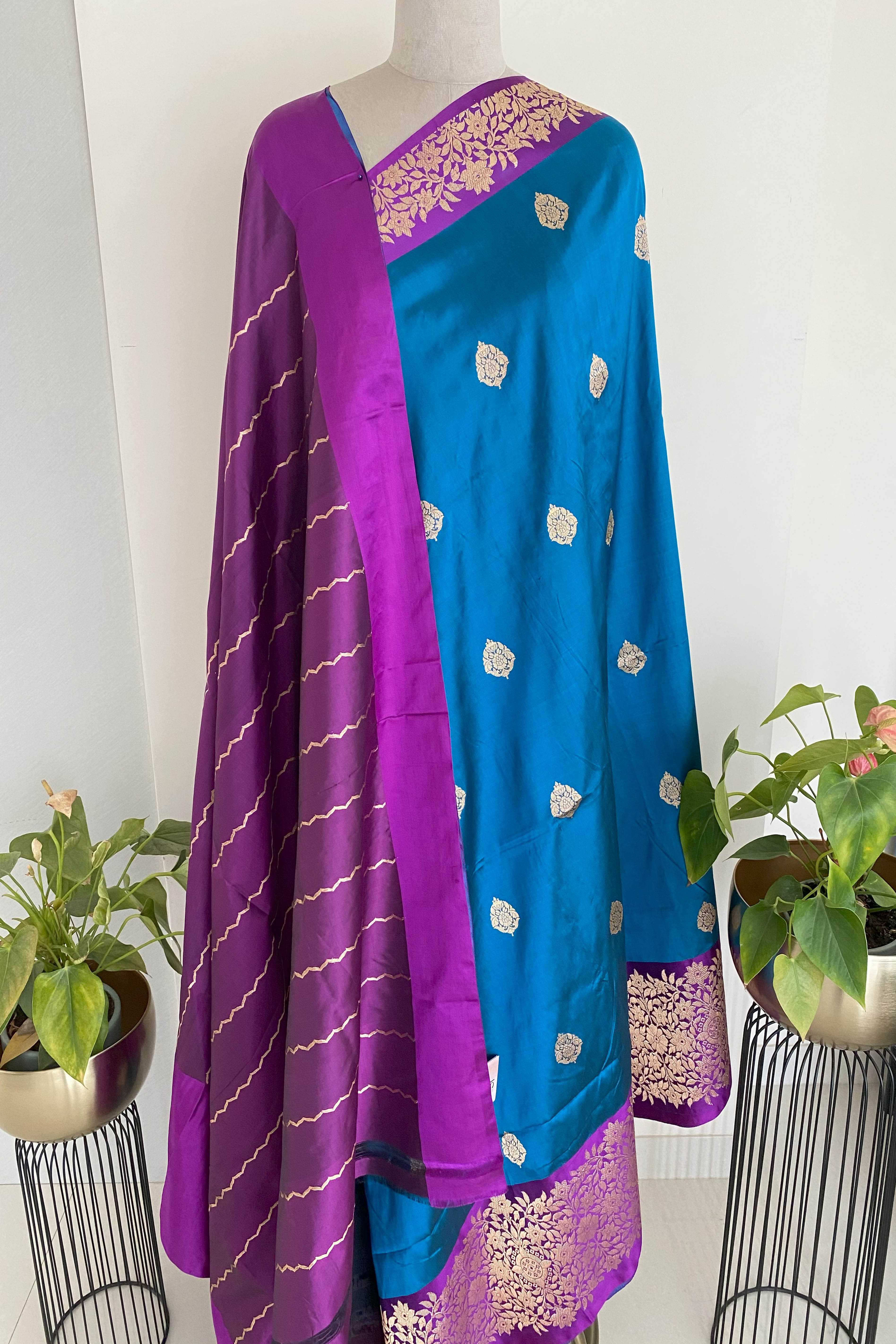Pure Banarasi Katan Silk Saree in Peacock Blue with Aubergine - Indian Handloomz