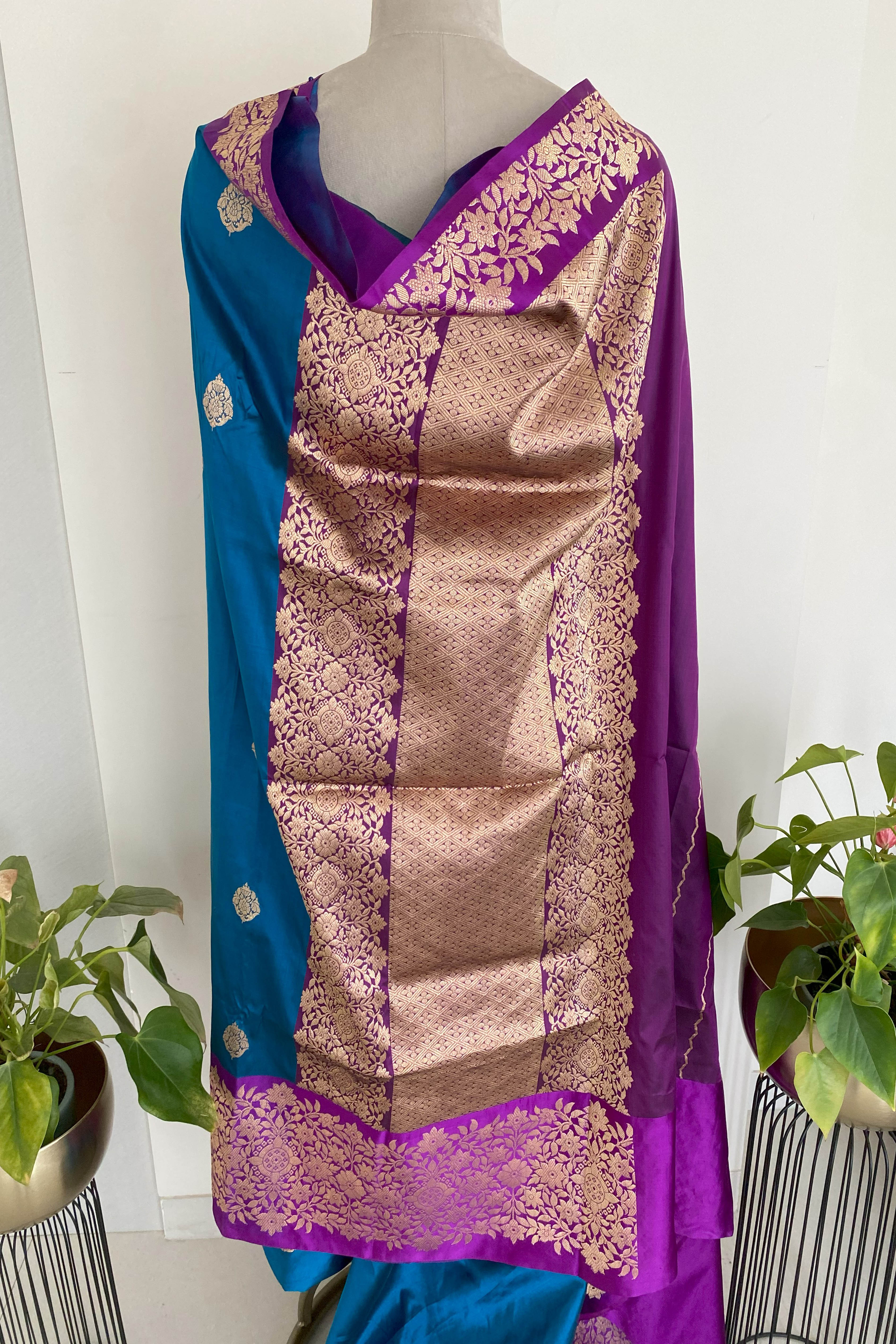 Pure Banarasi Katan Silk Saree in Peacock Blue with Aubergine - Indian Handloomz