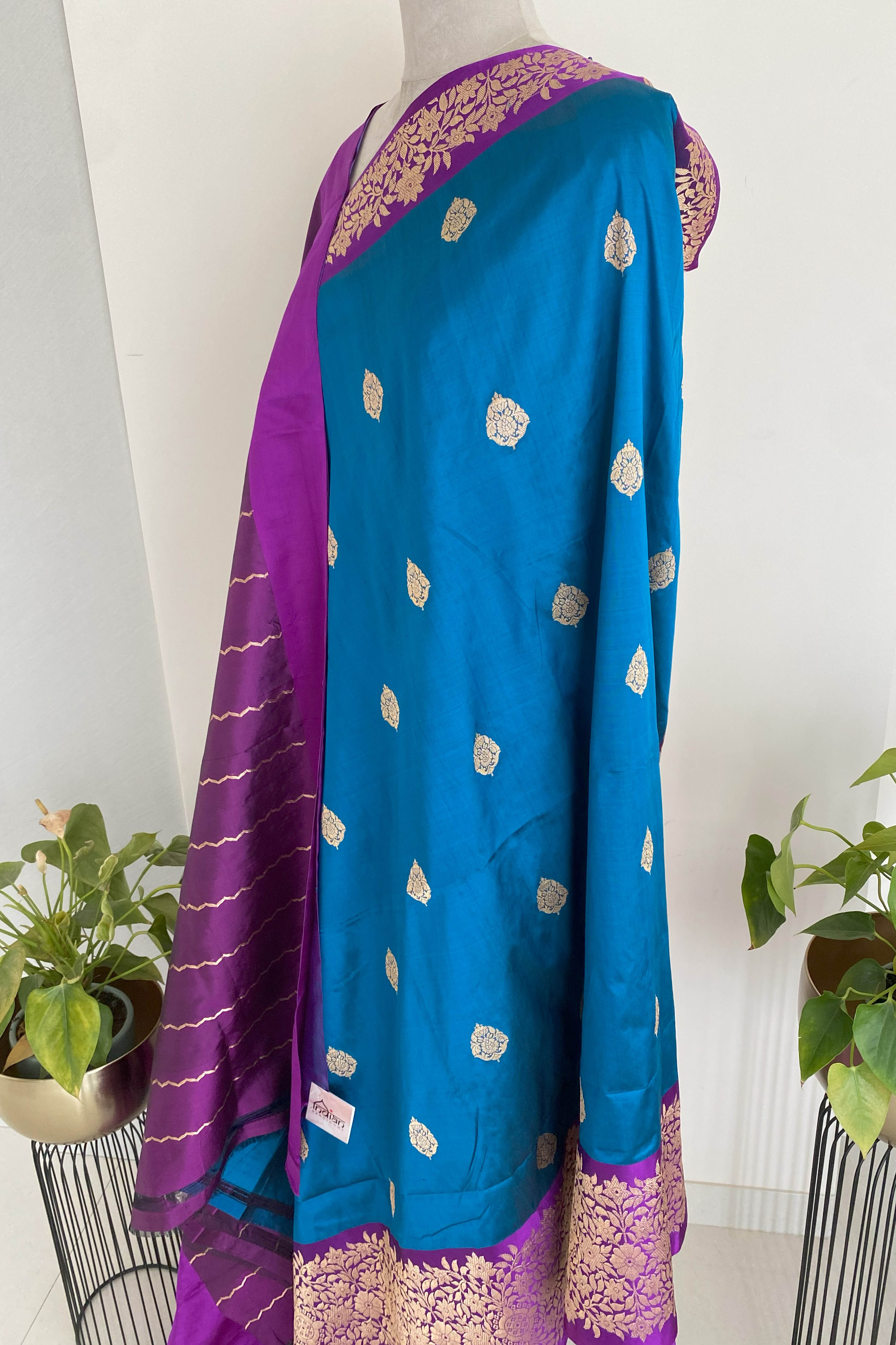 Pure Banarasi Katan Silk Saree in Peacock Blue with Aubergine - Indian Handloomz