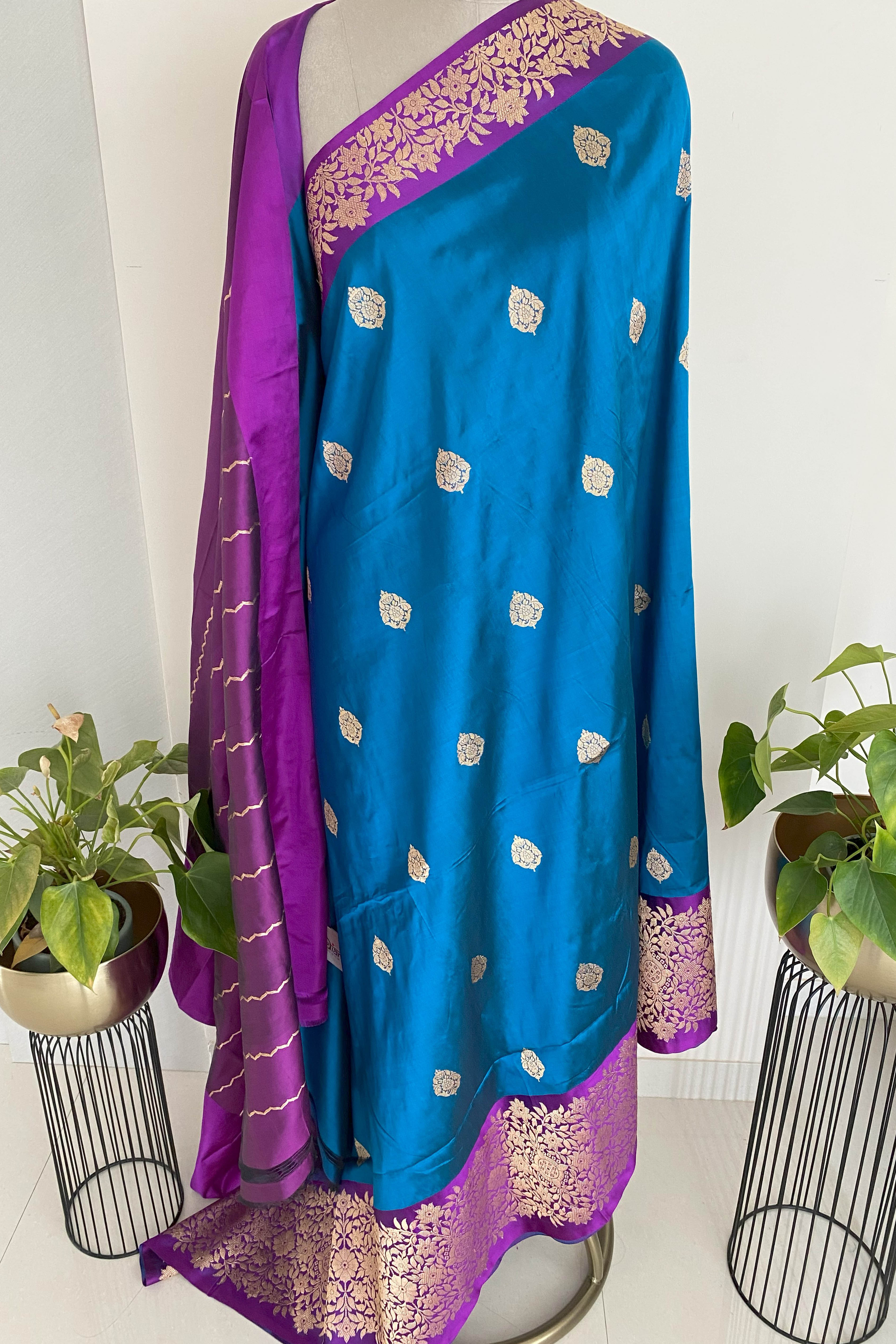 Pure Banarasi Katan Silk Saree in Peacock Blue with Aubergine - Indian Handloomz