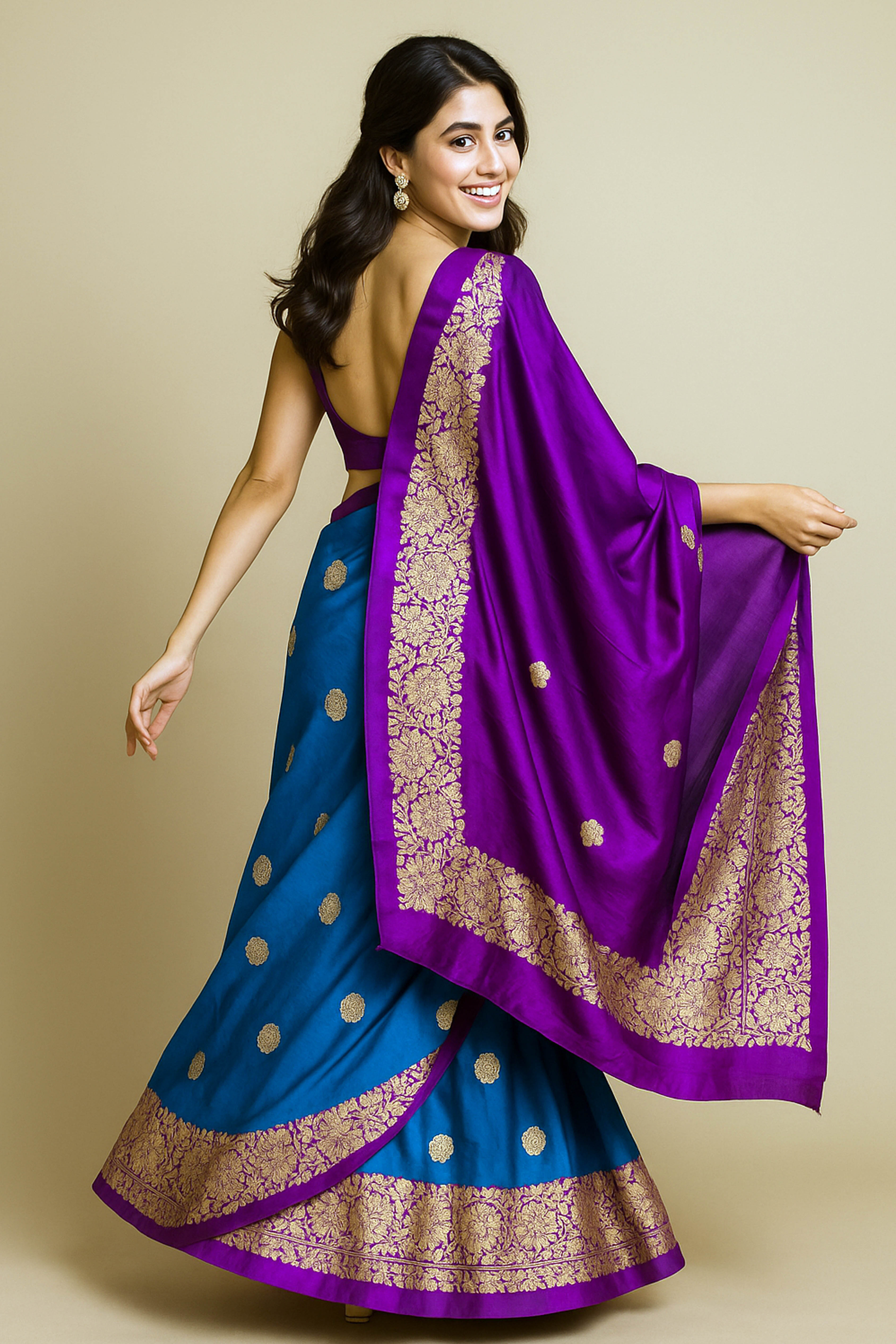 Pure Banarasi Katan Silk Saree in Peacock Blue with Aubergine - Indian Handloomz