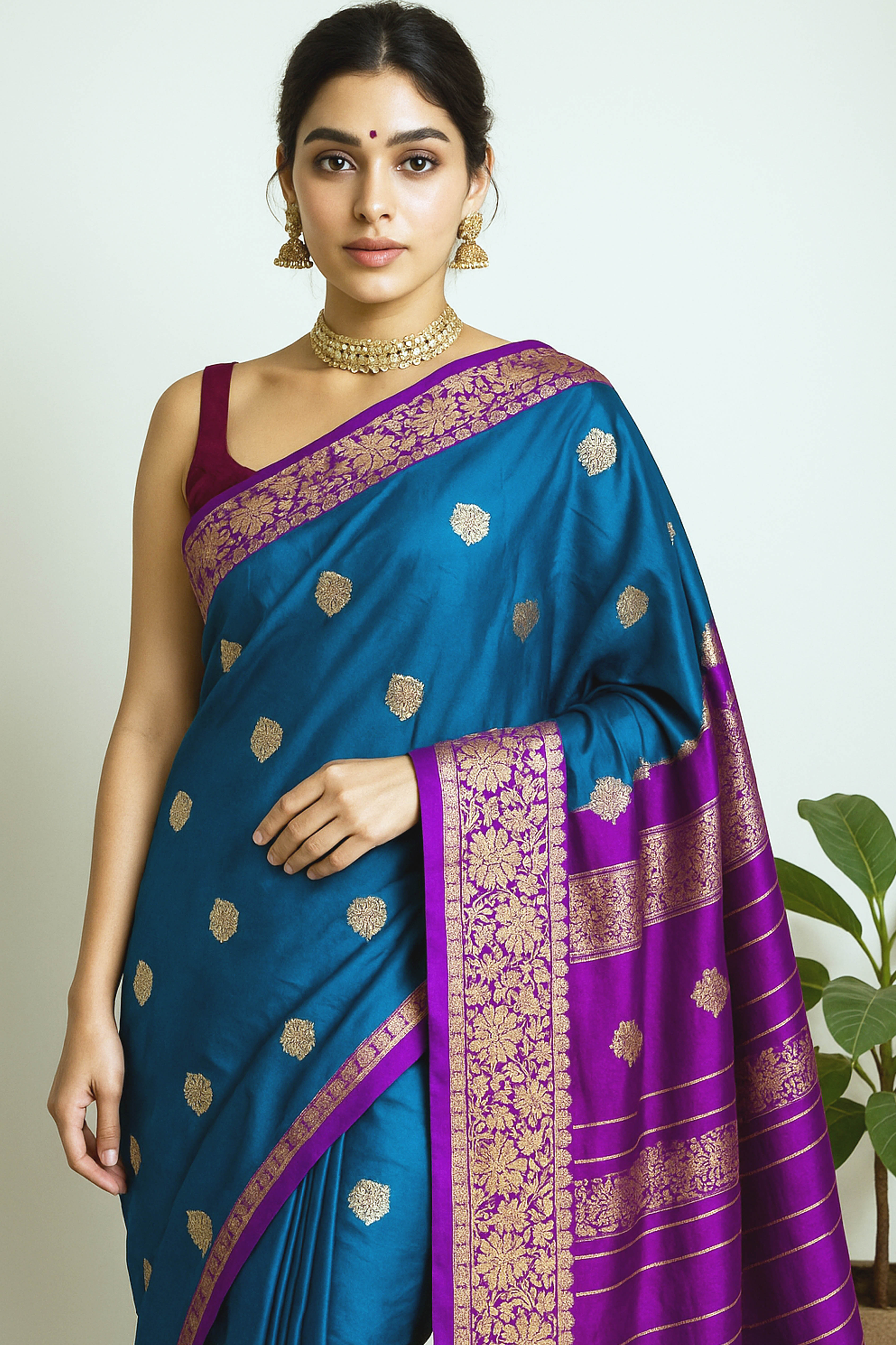 Pure Banarasi Katan Silk Saree in Peacock Blue with Aubergine - Indian Handloomz