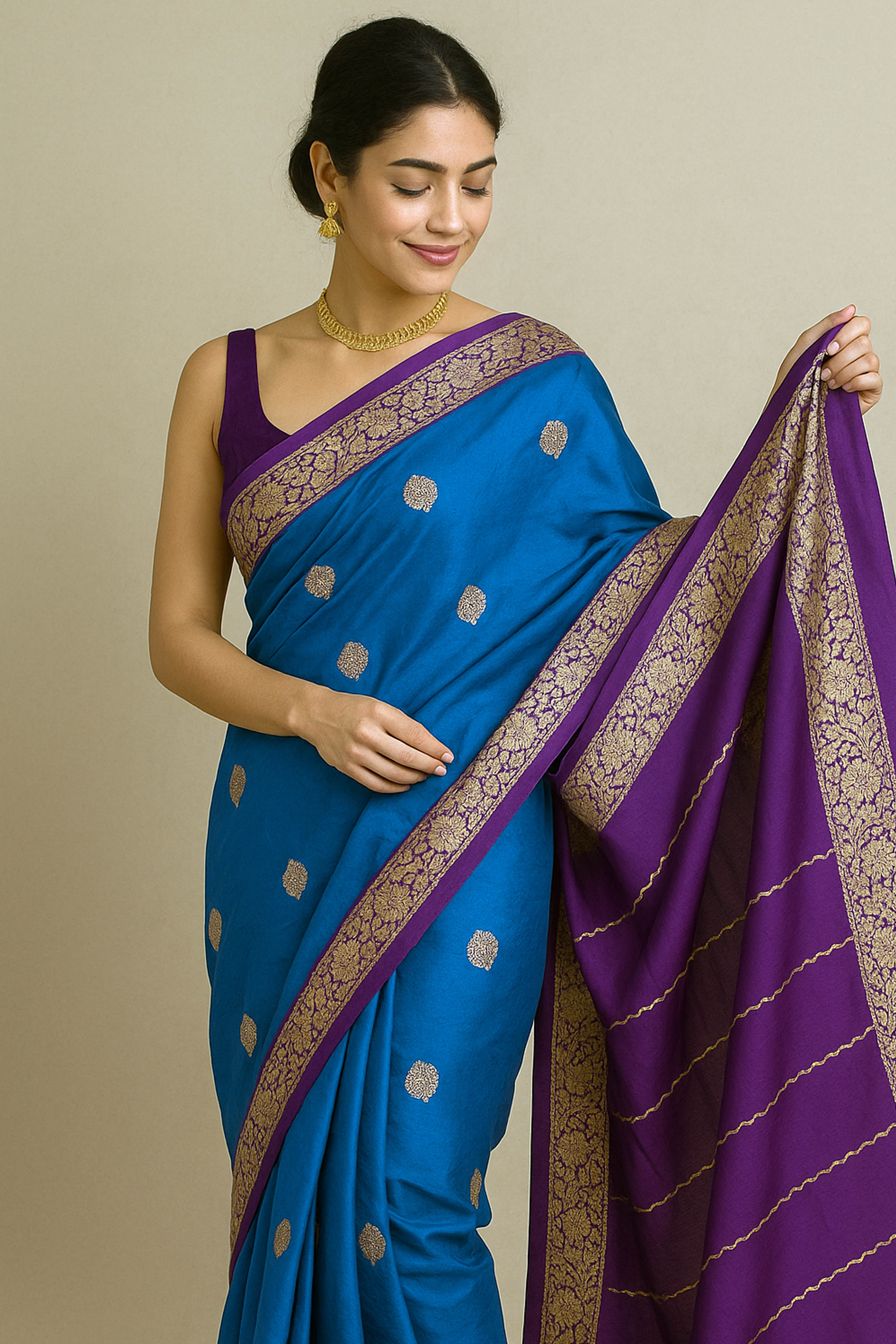 Pure Banarasi Katan Silk Saree in Peacock Blue with Aubergine - Indian Handloomz