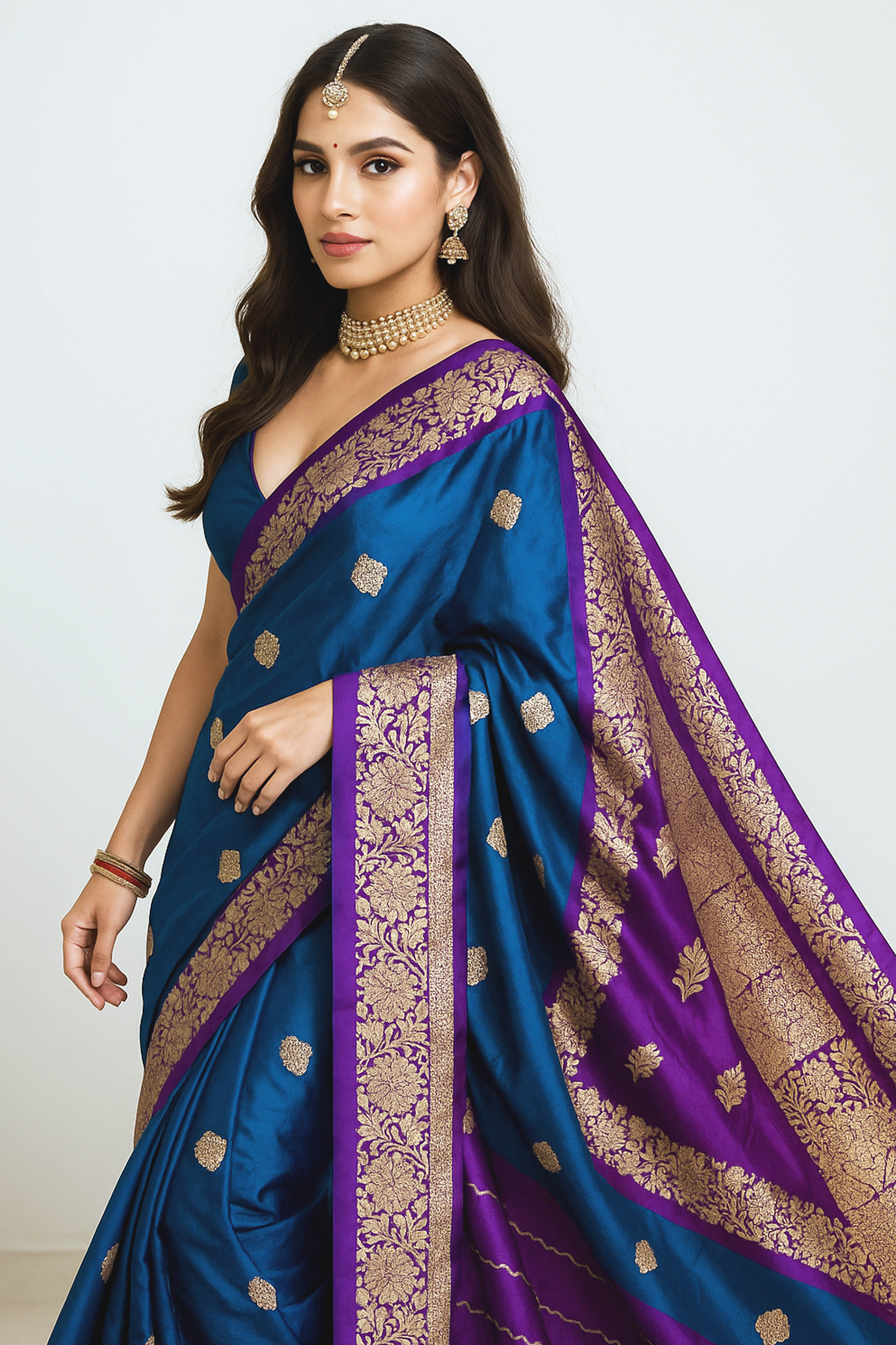 Pure Banarasi Katan Silk Saree in Peacock Blue with Aubergine - Indian Handloomz