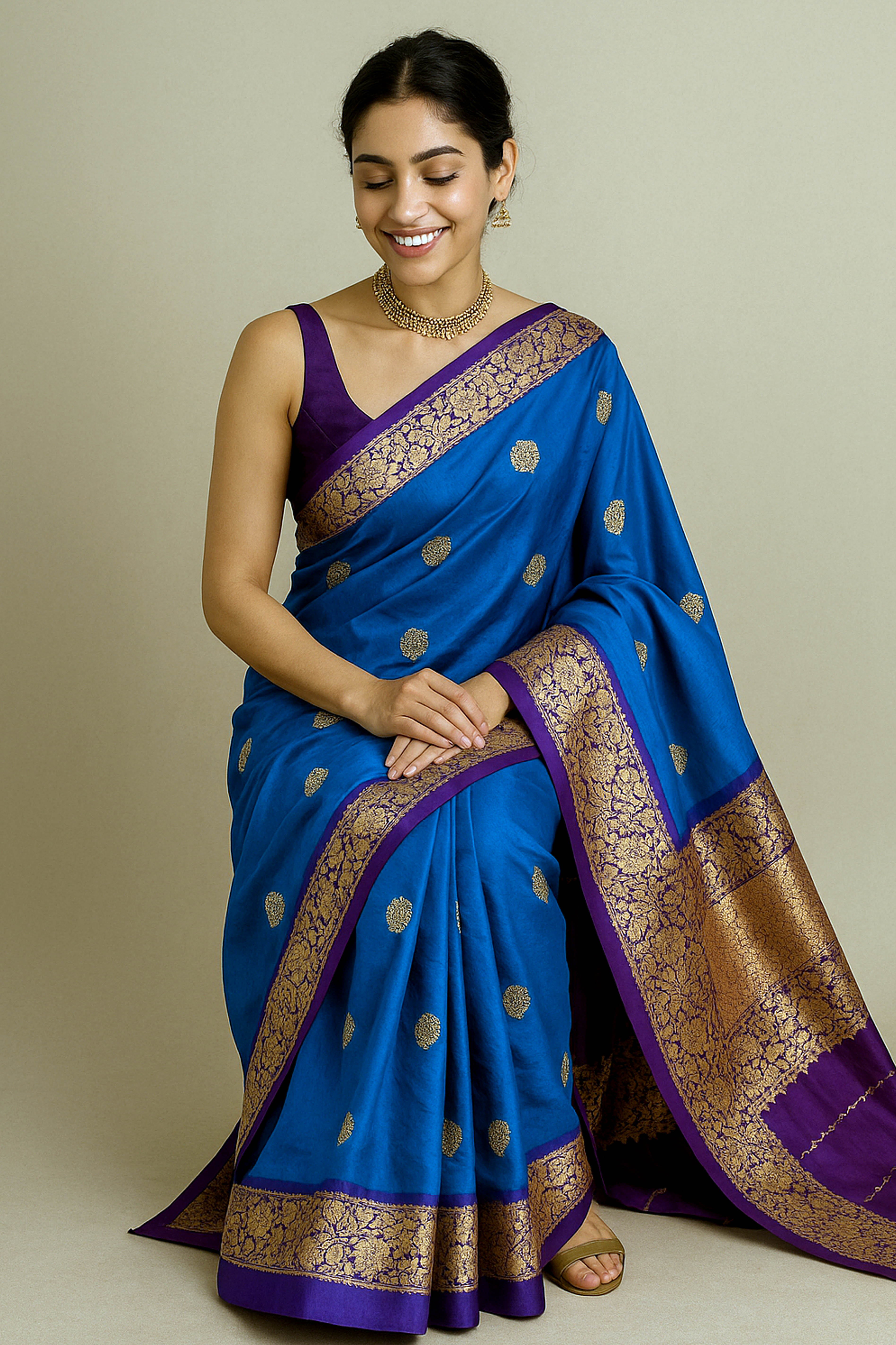 Pure Banarasi Katan Silk Saree in Peacock Blue with Aubergine - Indian Handloomz