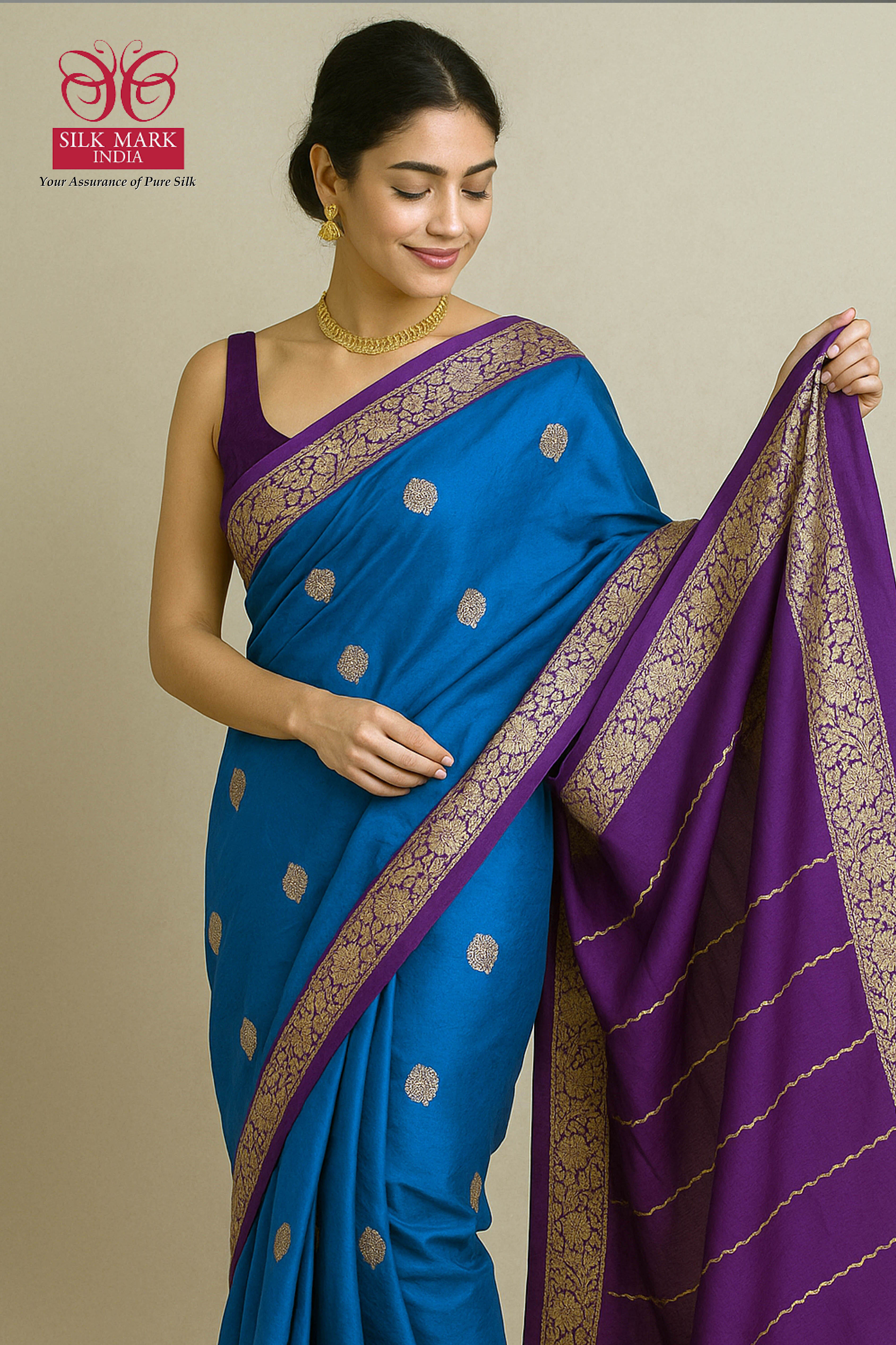 Pure Banarasi Katan Silk Saree in Peacock Blue with Aubergine - Indian Handloomz