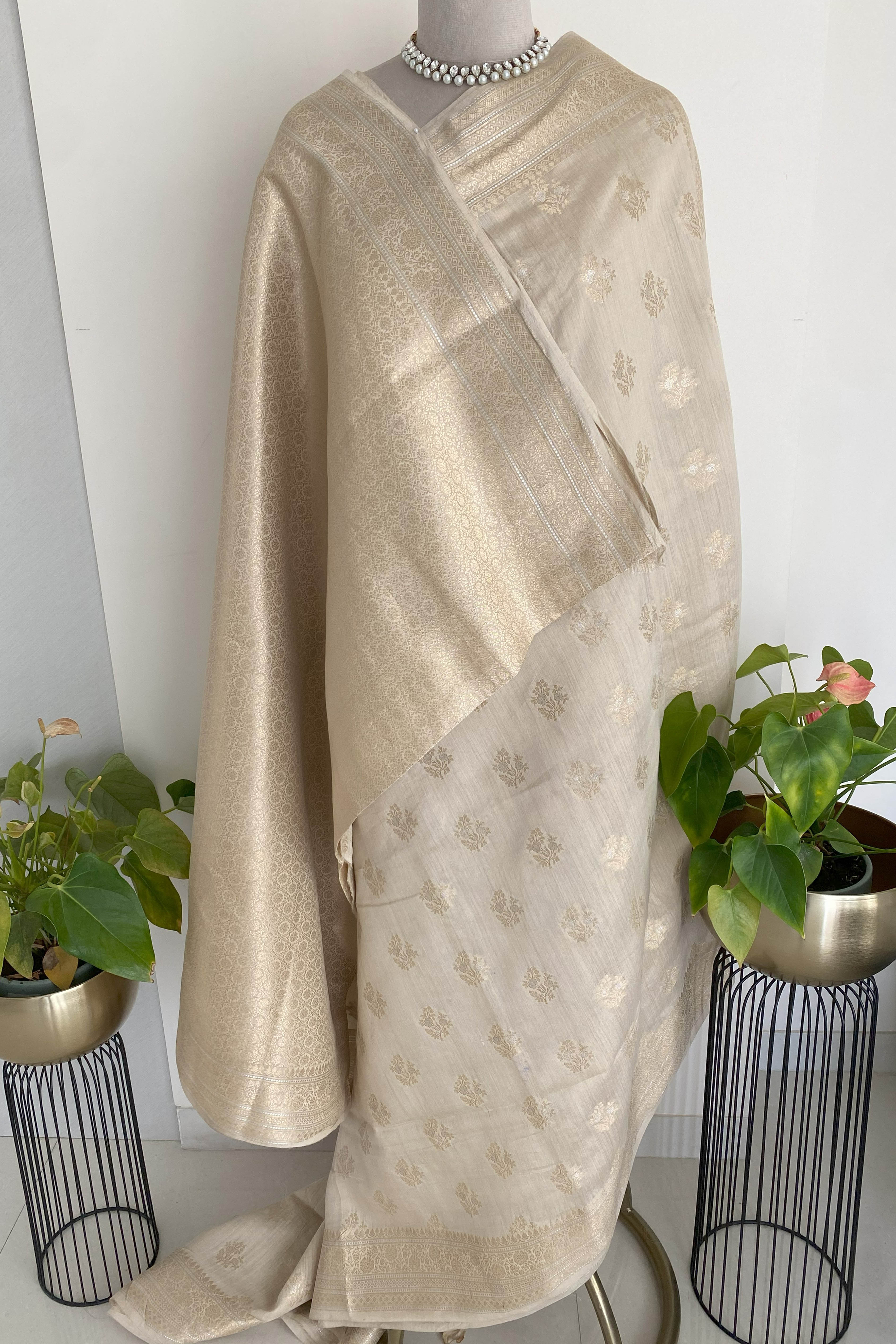 Pure Banarasi Moonga Silk Saree in Ivory & Golden Colour - Indian Handloomz