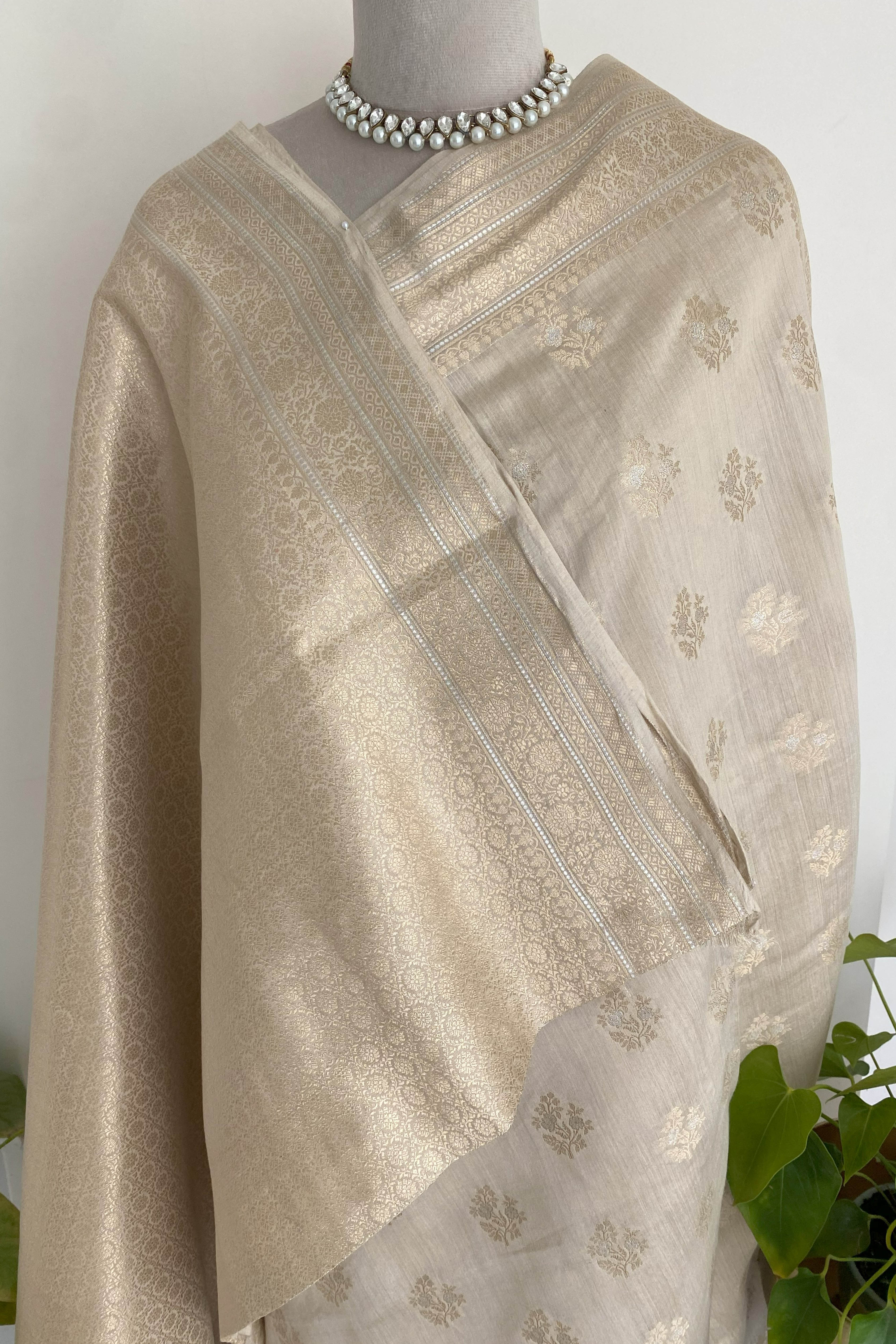 Pure Banarasi Moonga Silk Saree in Ivory & Golden Colour - Indian Handloomz