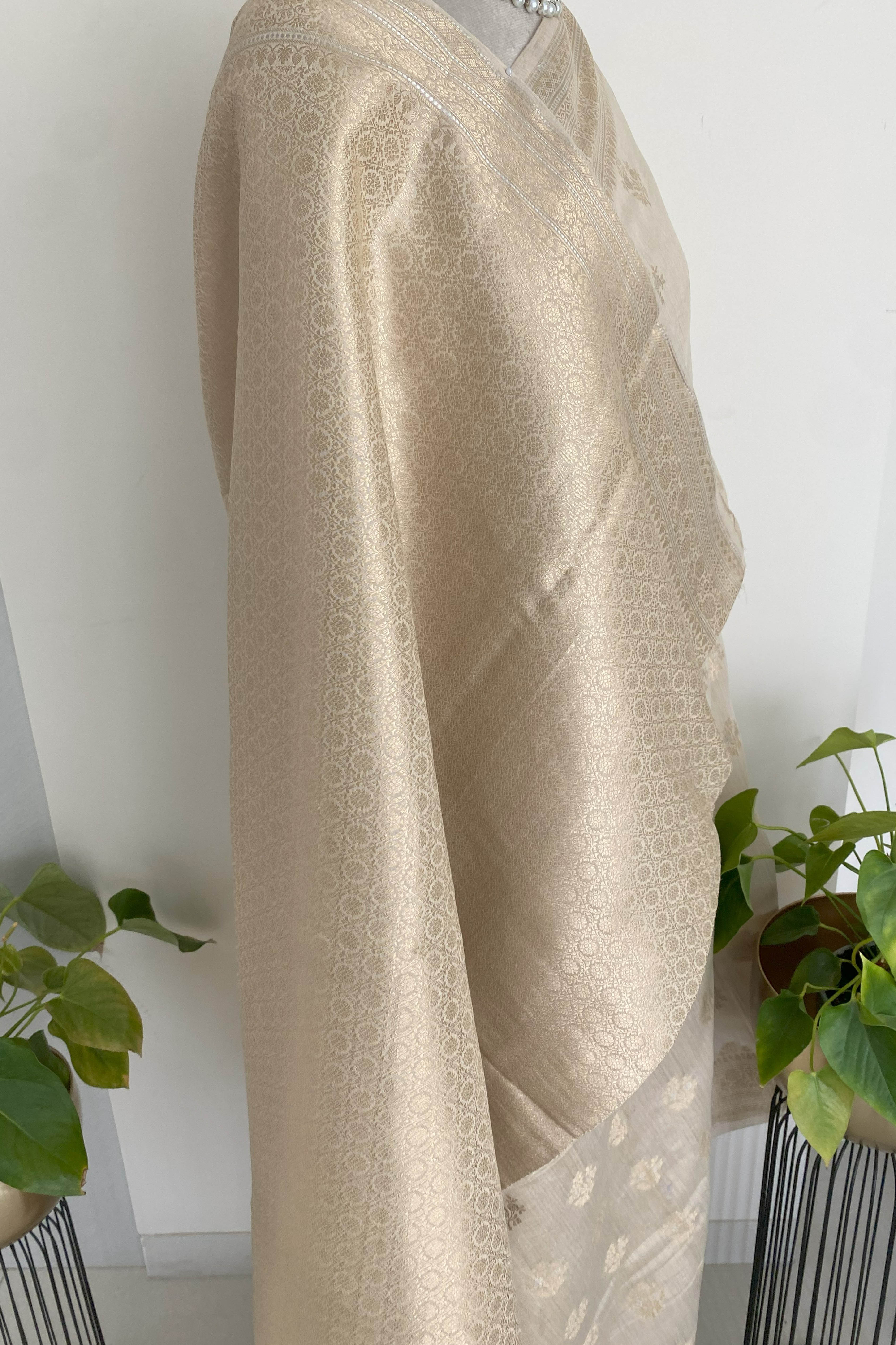 Pure Banarasi Moonga Silk Saree in Ivory & Golden Colour - Indian Handloomz