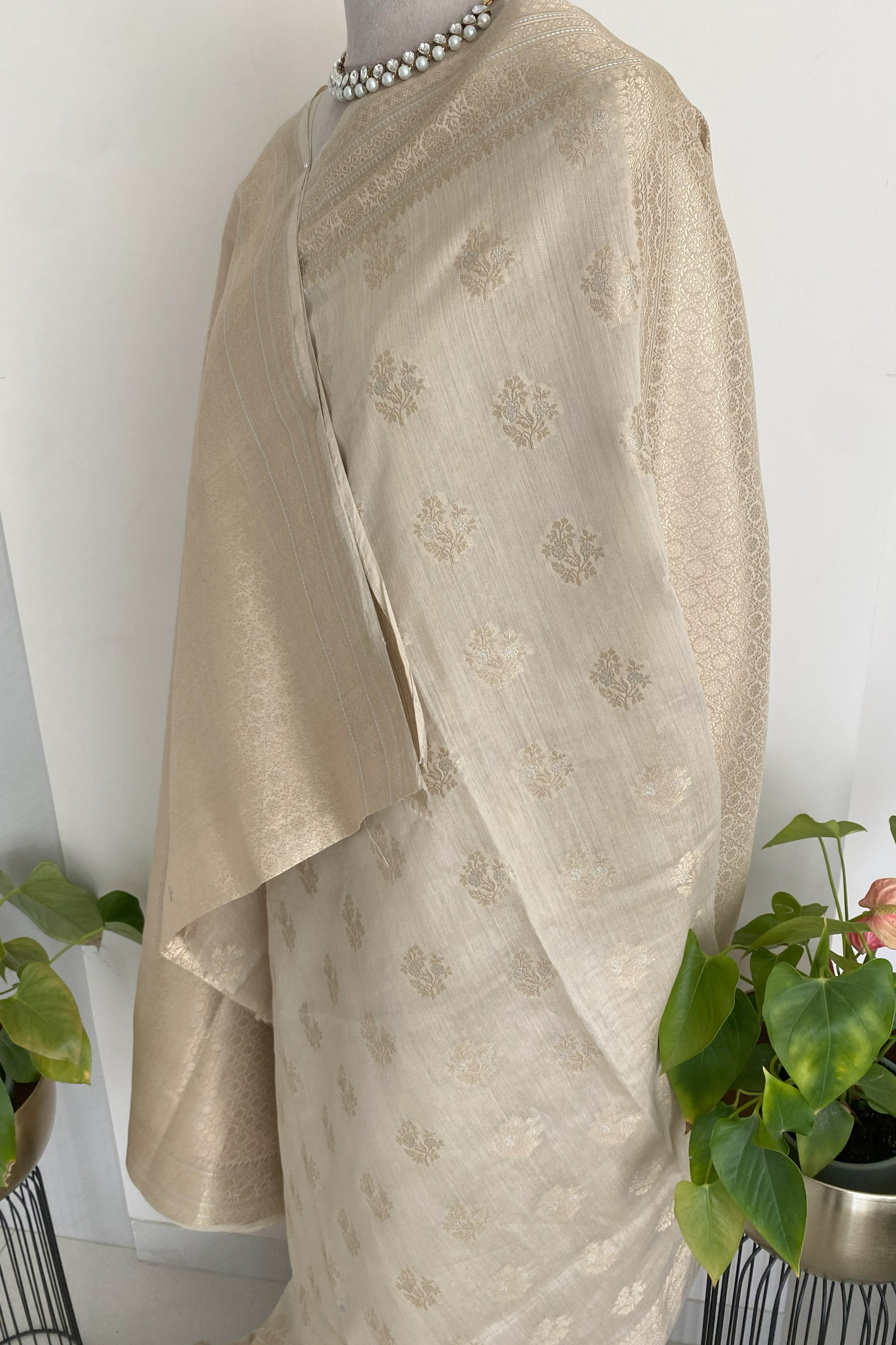 Pure Banarasi Moonga Silk Saree in Ivory & Golden Colour - Indian Handloomz