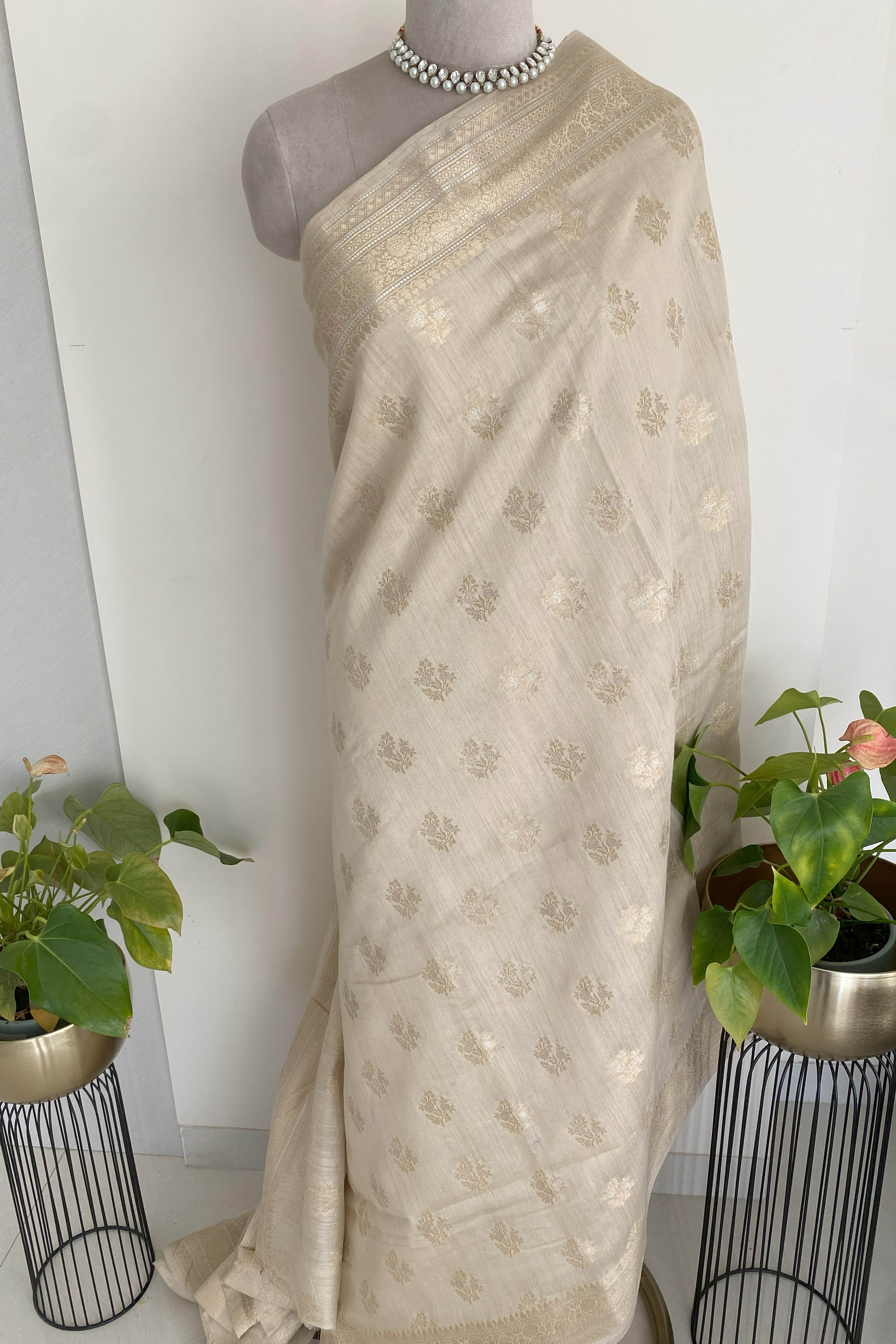 Pure Banarasi Moonga Silk Saree in Ivory & Golden Colour - Indian Handloomz