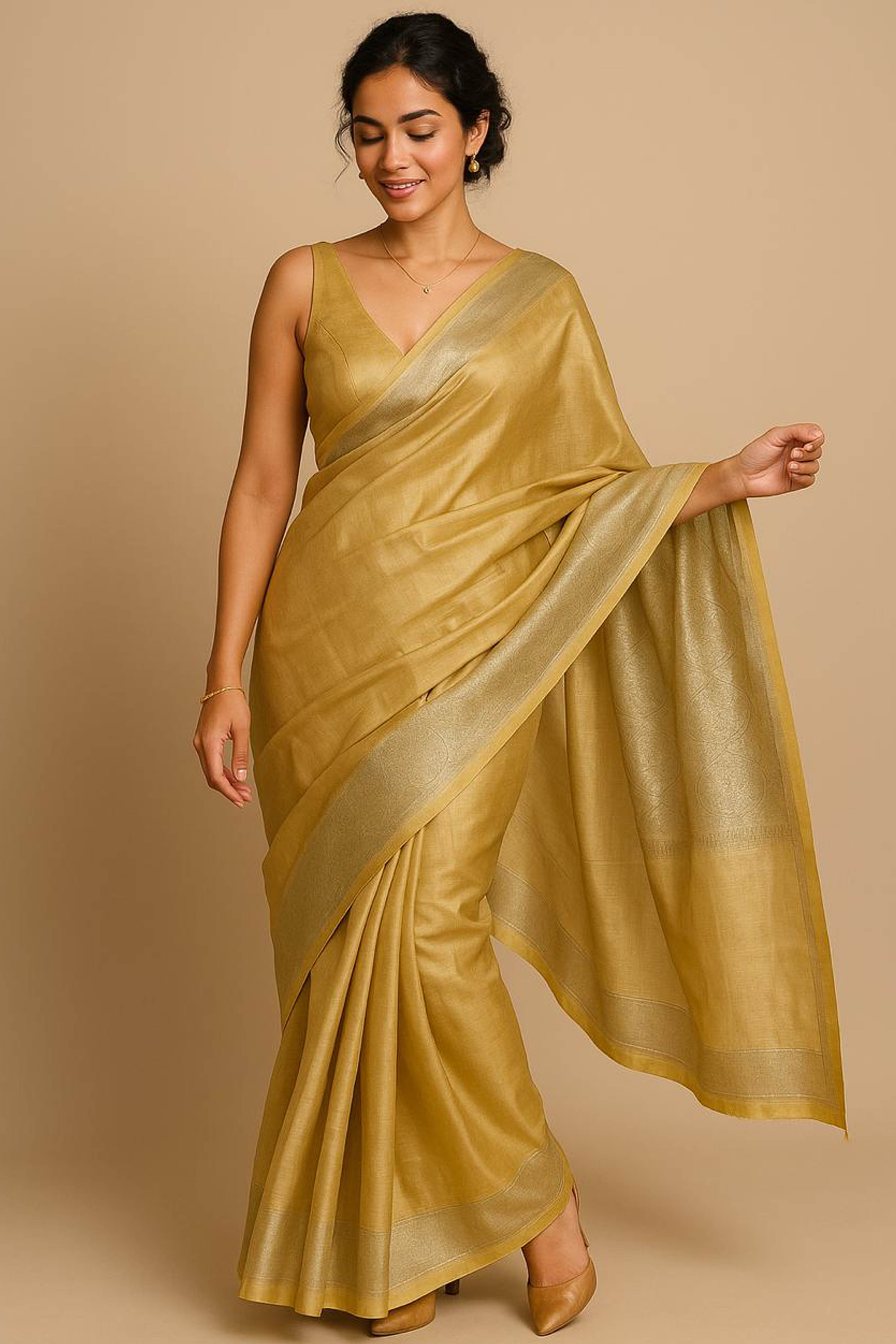 Pure Banarasi Tissue Silk Saree in Golden Colour - Indian Handloomz