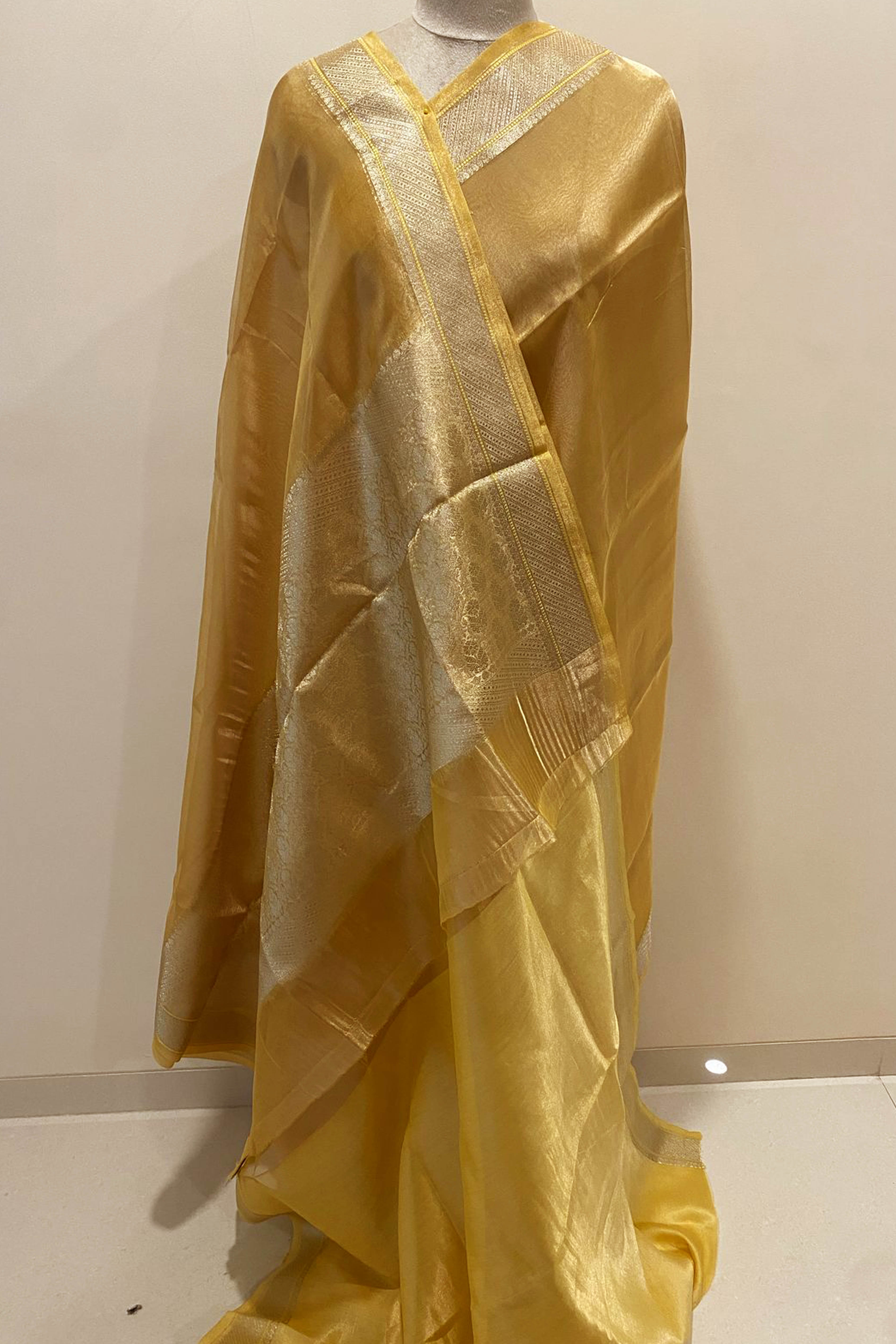 Pure Banarasi Tissue Silk Saree in Golden Colour - Indian Handloomz