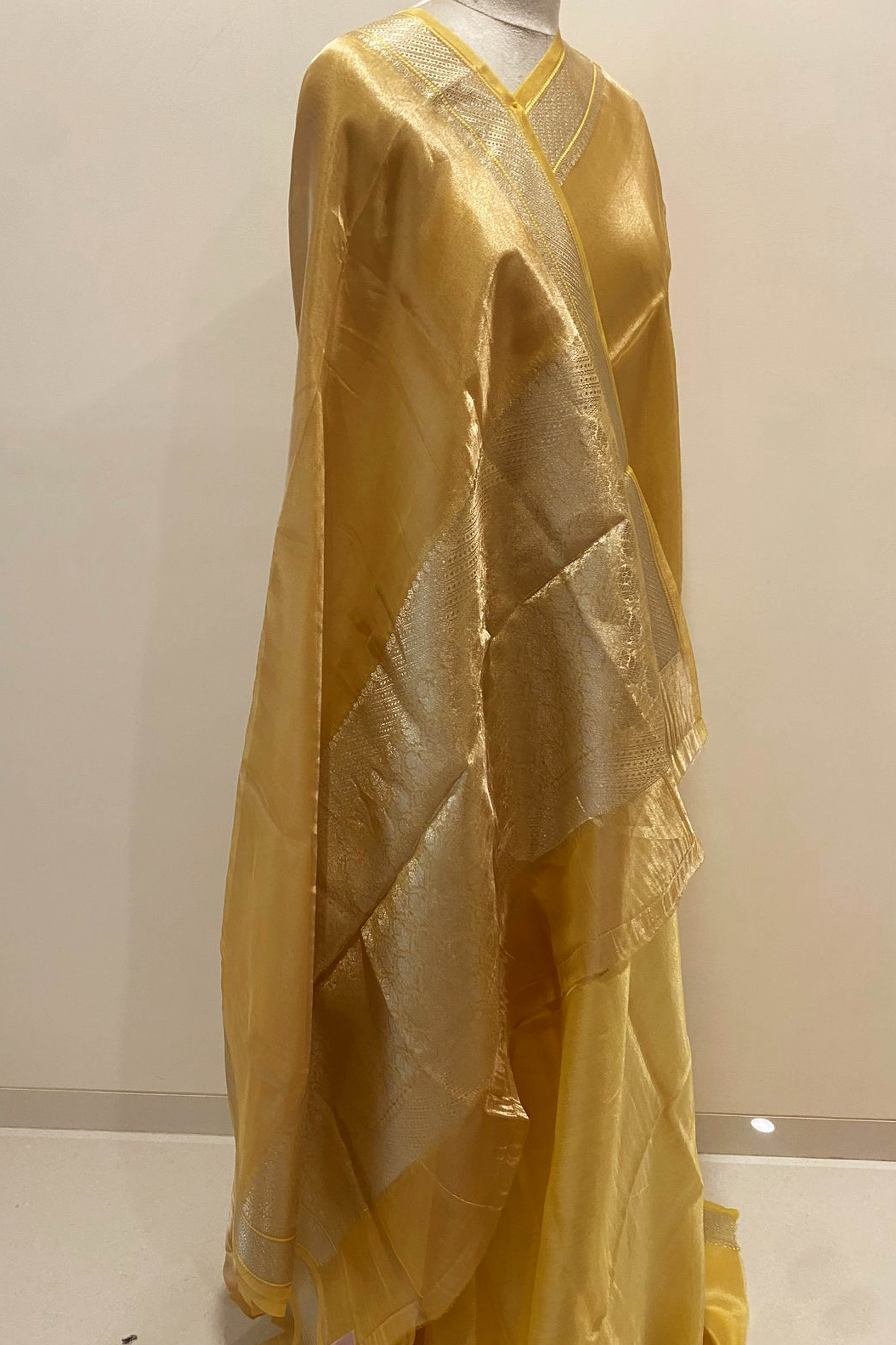 Pure Banarasi Tissue Silk Saree in Golden Colour - Indian Handloomz