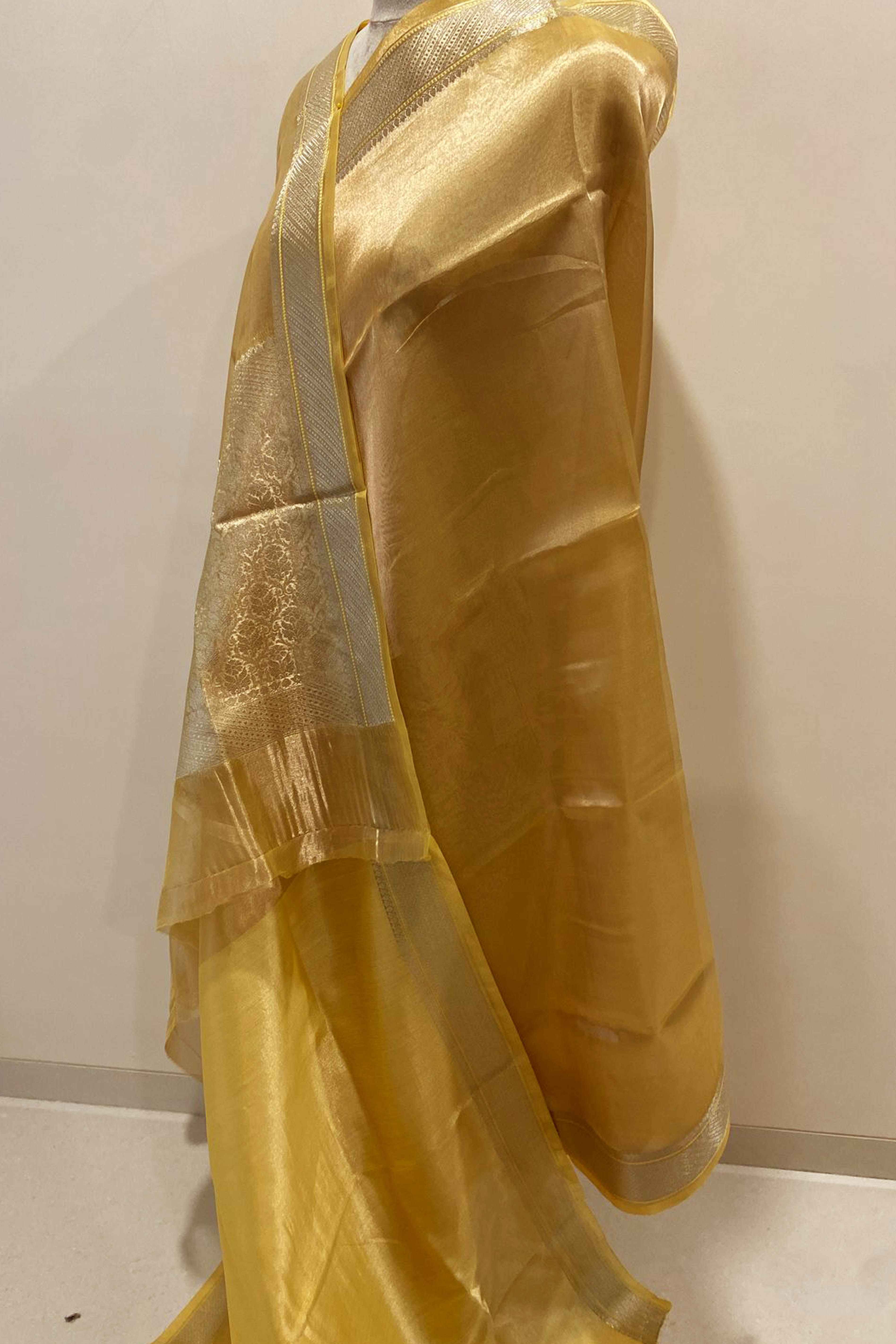 Pure Banarasi Tissue Silk Saree in Golden Colour - Indian Handloomz