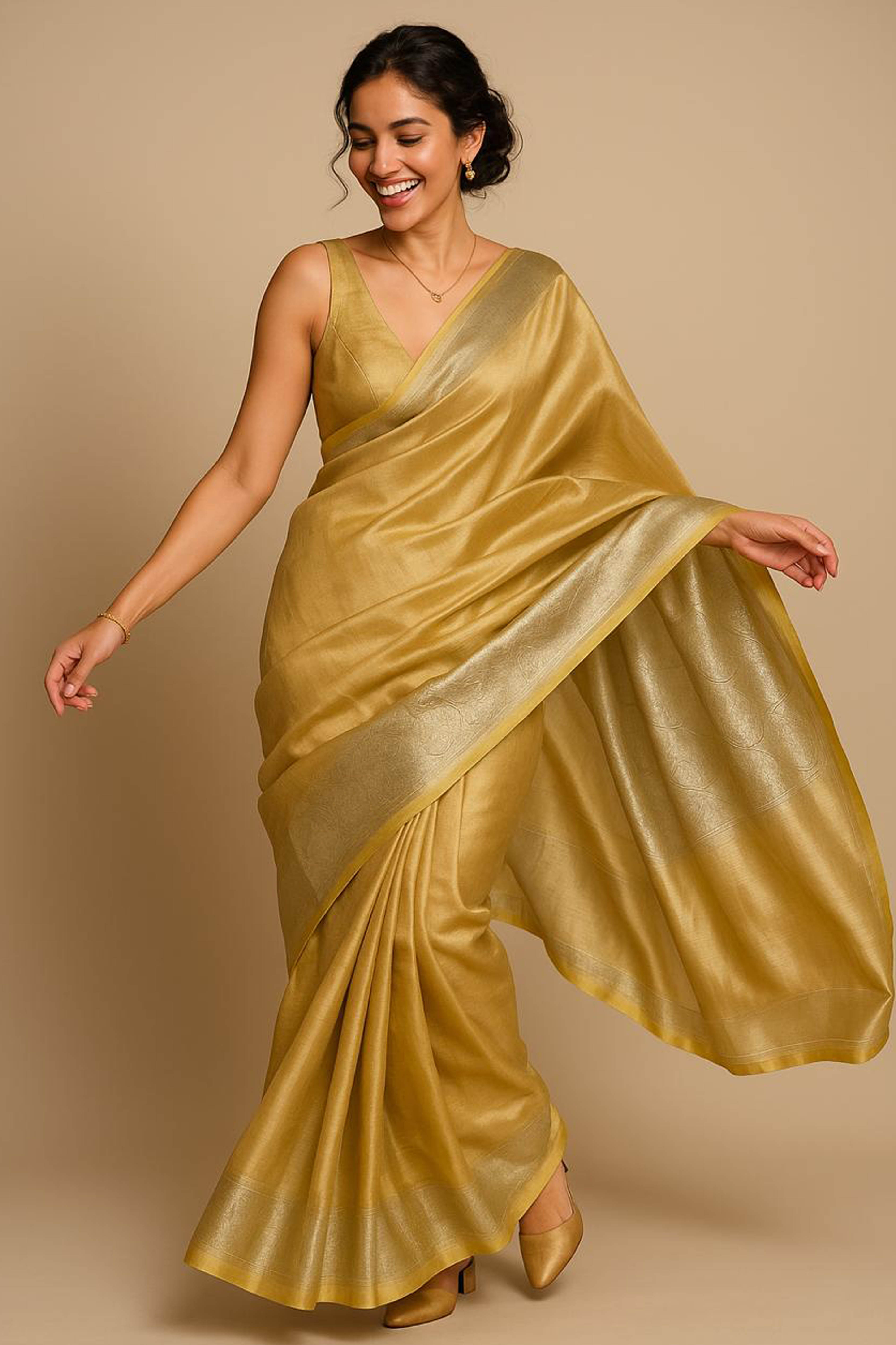 Pure Banarasi Tissue Silk Saree in Golden Colour - Indian Handloomz