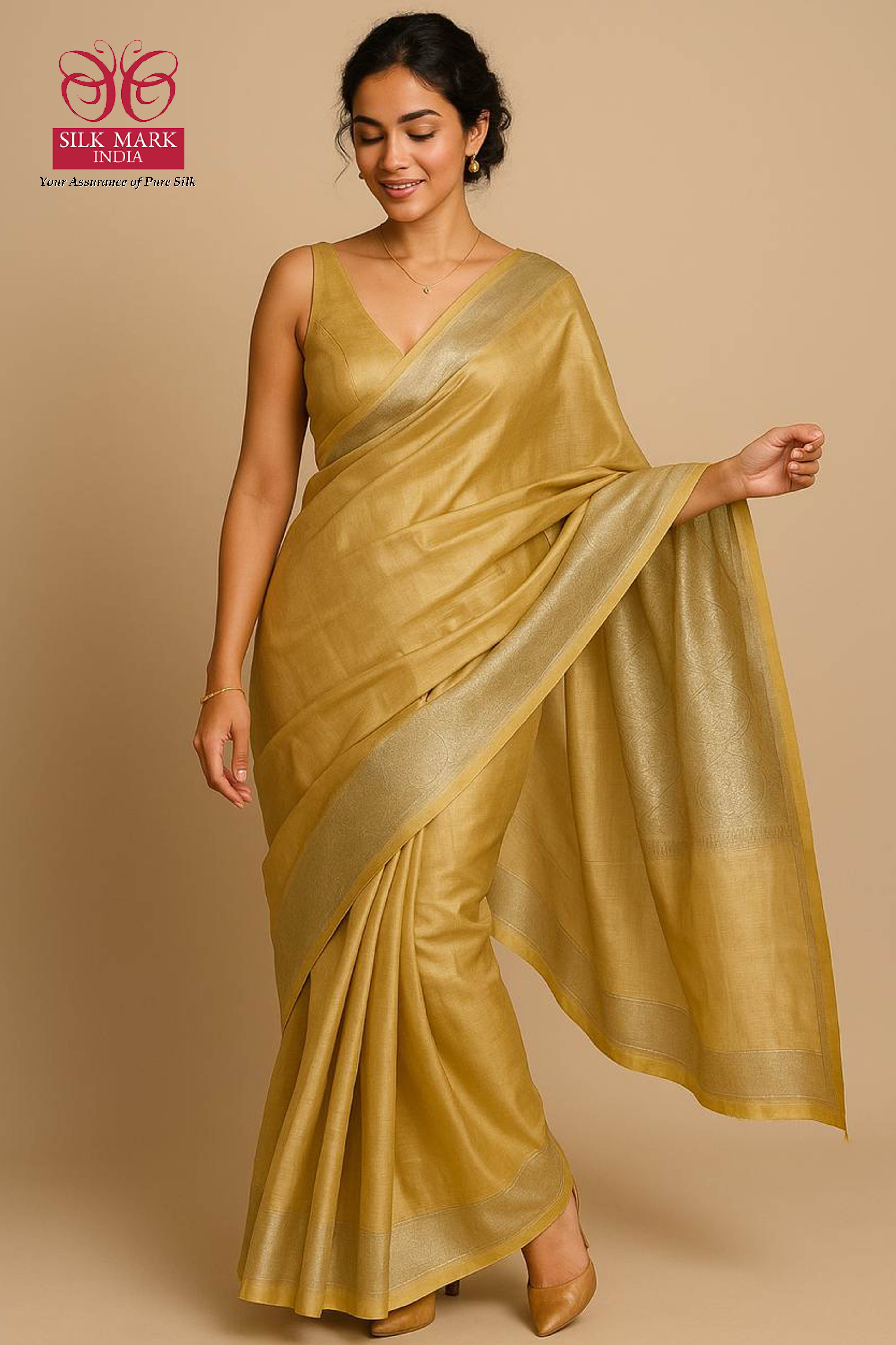 Pure Banarasi Tissue Silk Saree in Golden Colour - Indian Handloomz