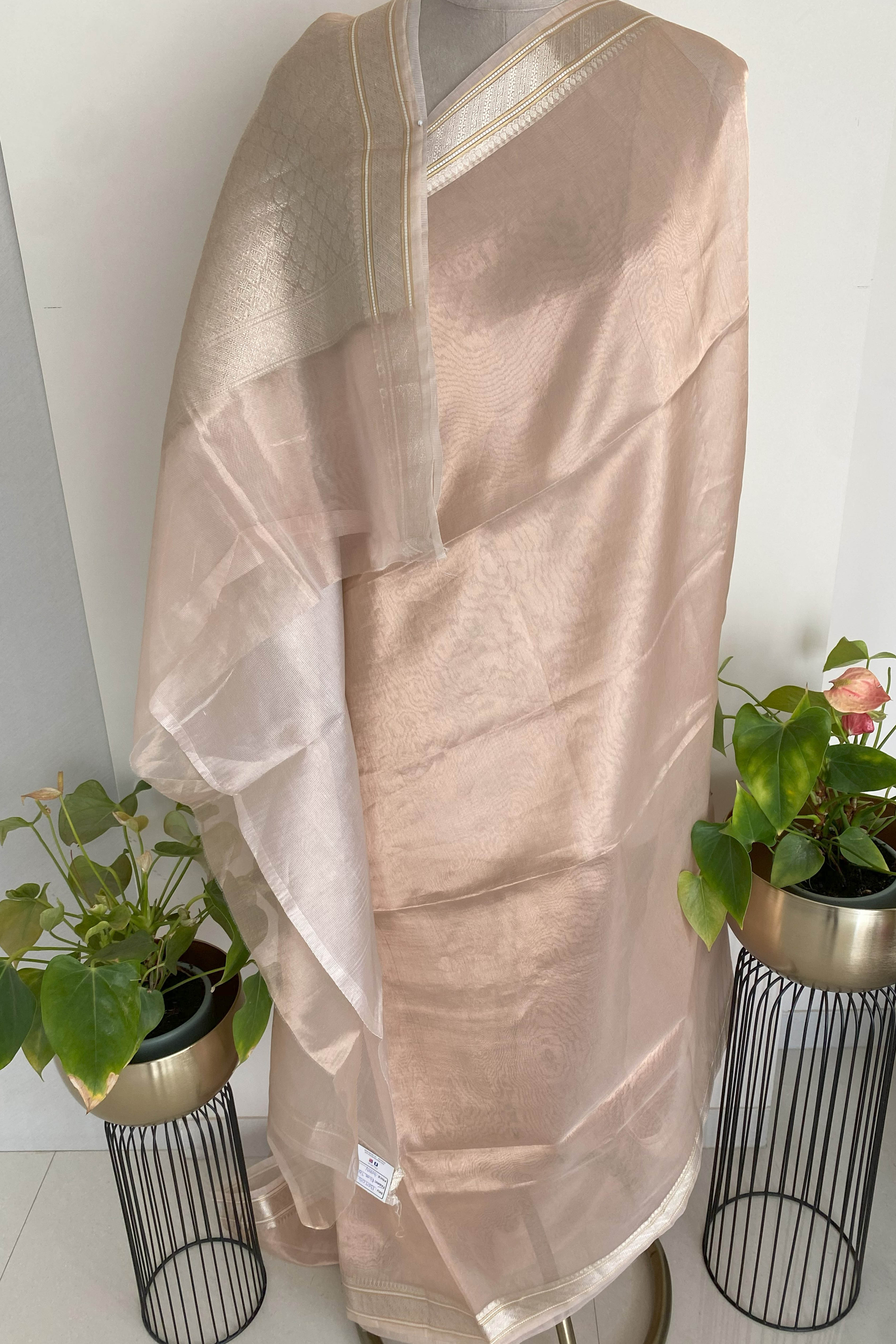 Pure Banarasi Tissue Silk Saree in Light Peach Colour - Indian Handloomz