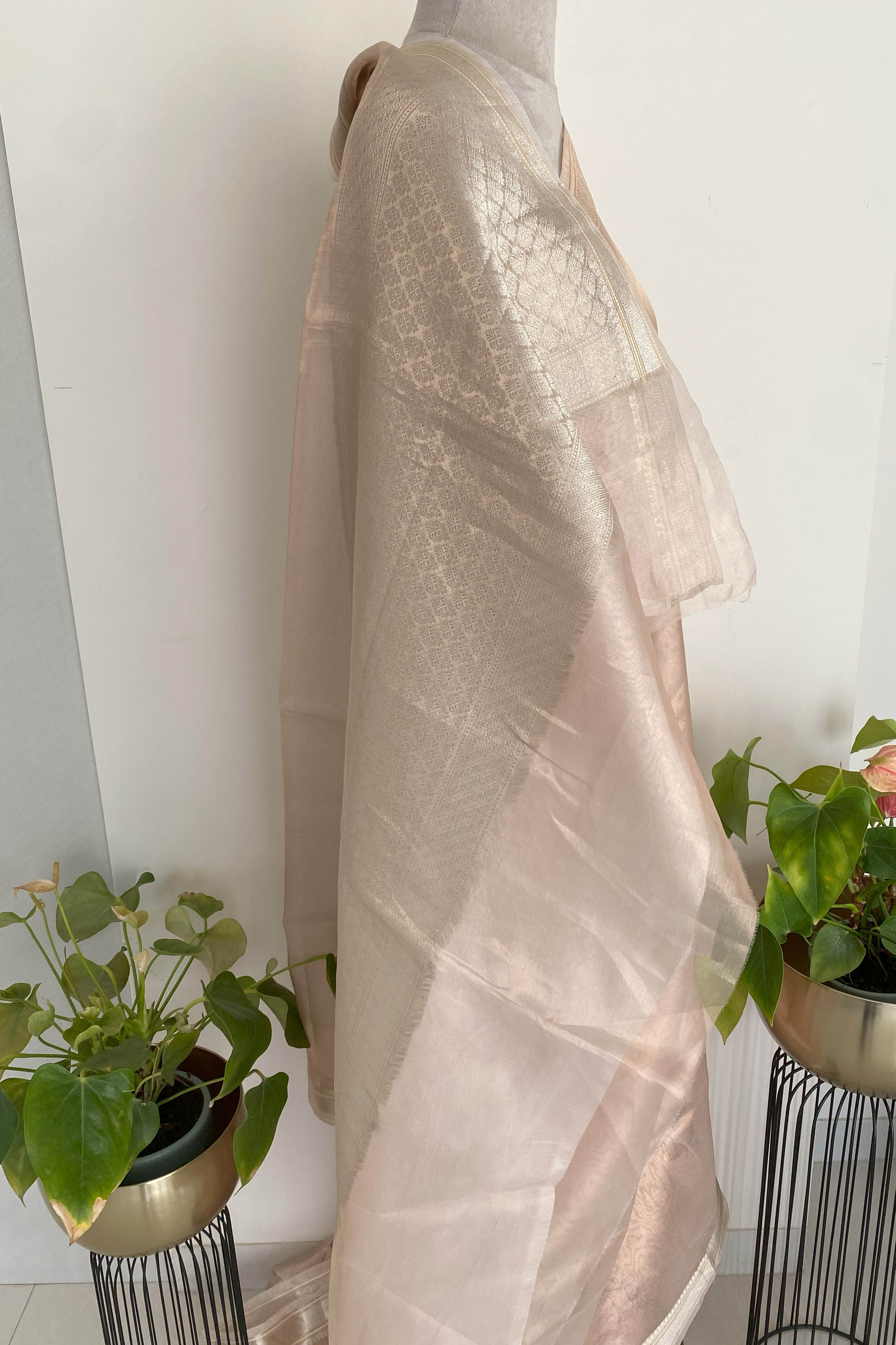 Pure Banarasi Tissue Silk Saree in Light Peach Colour - Indian Handloomz