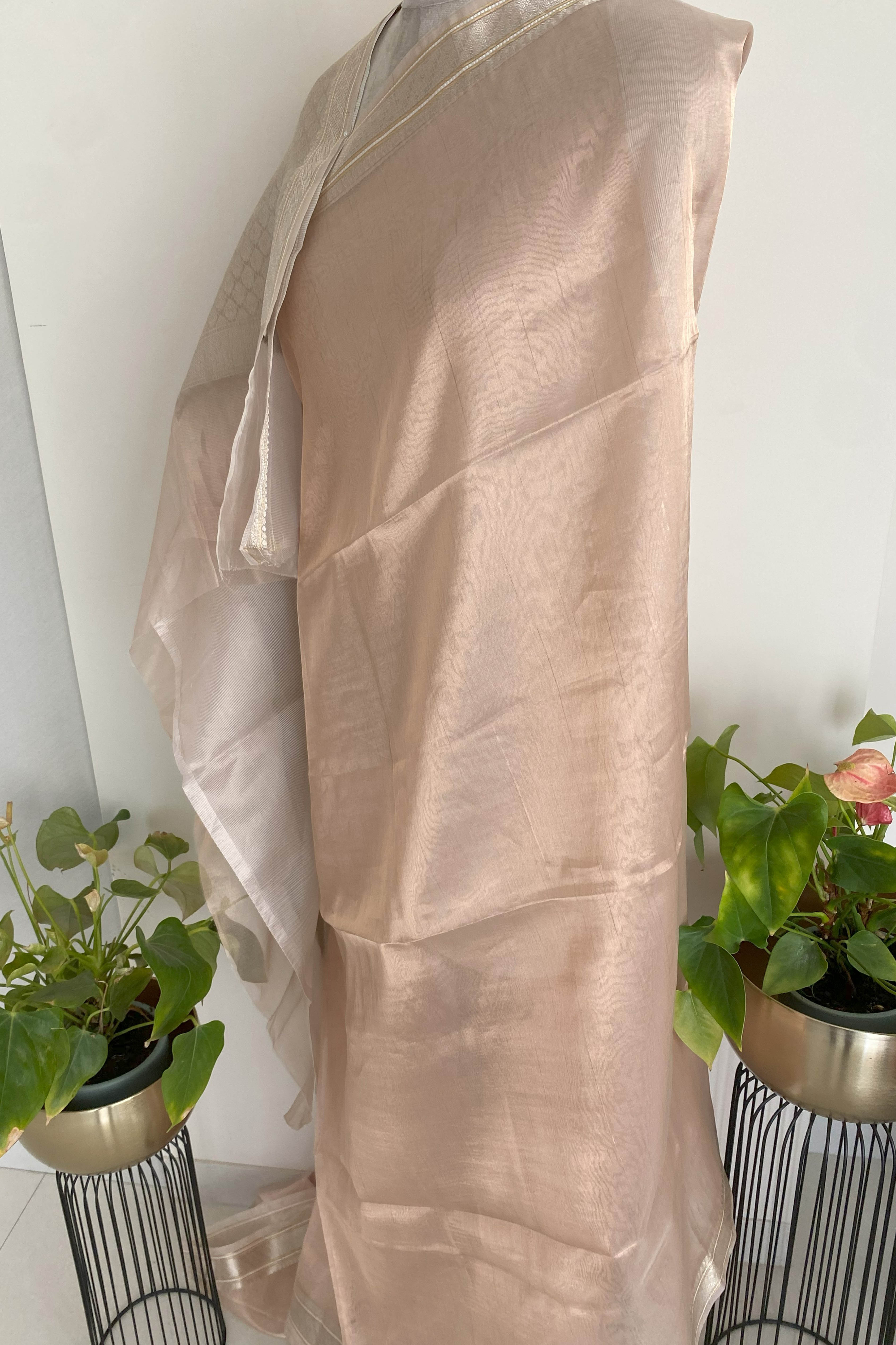 Pure Banarasi Tissue Silk Saree in Light Peach Colour - Indian Handloomz