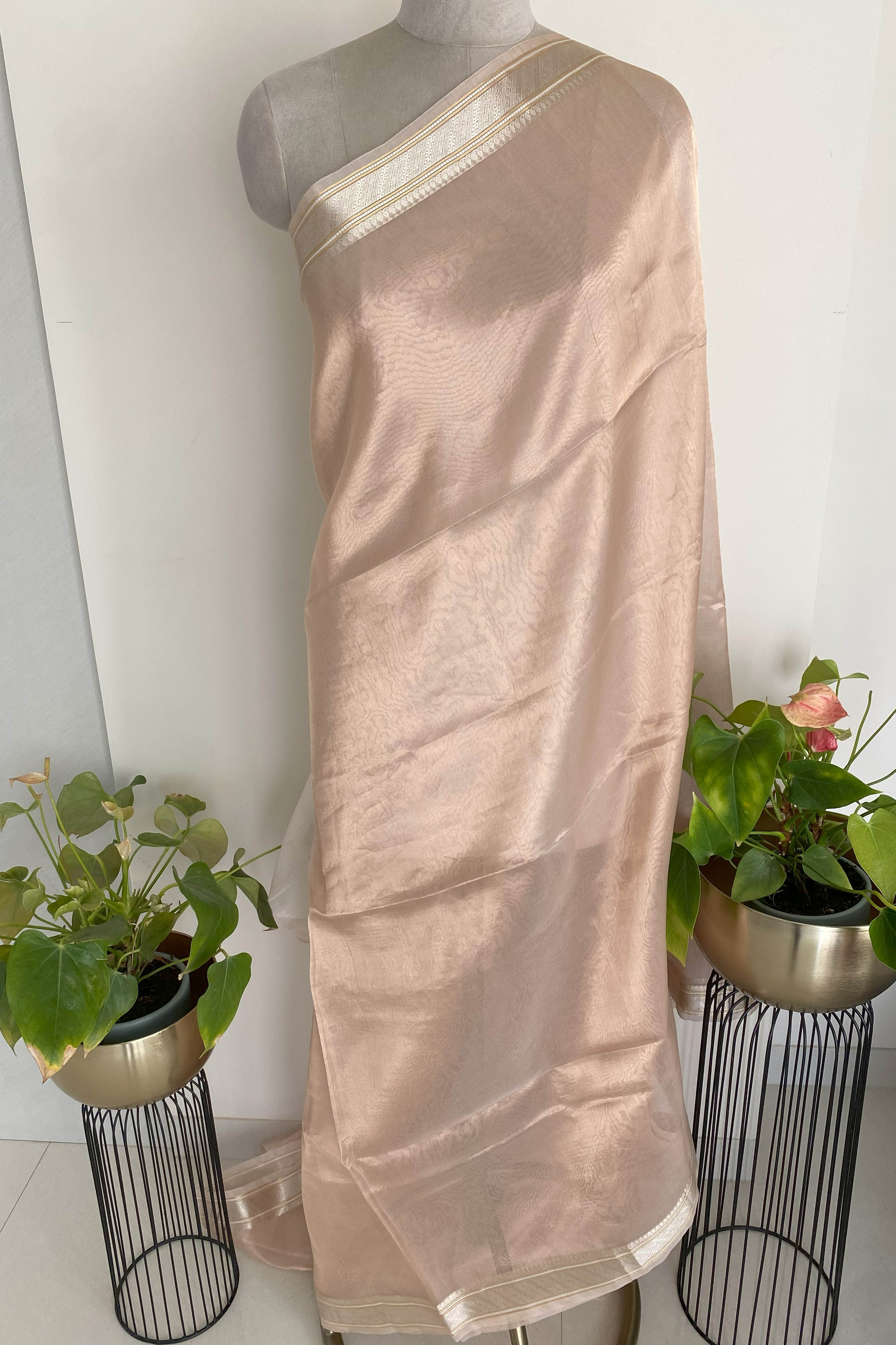 Pure Banarasi Tissue Silk Saree in Light Peach Colour - Indian Handloomz
