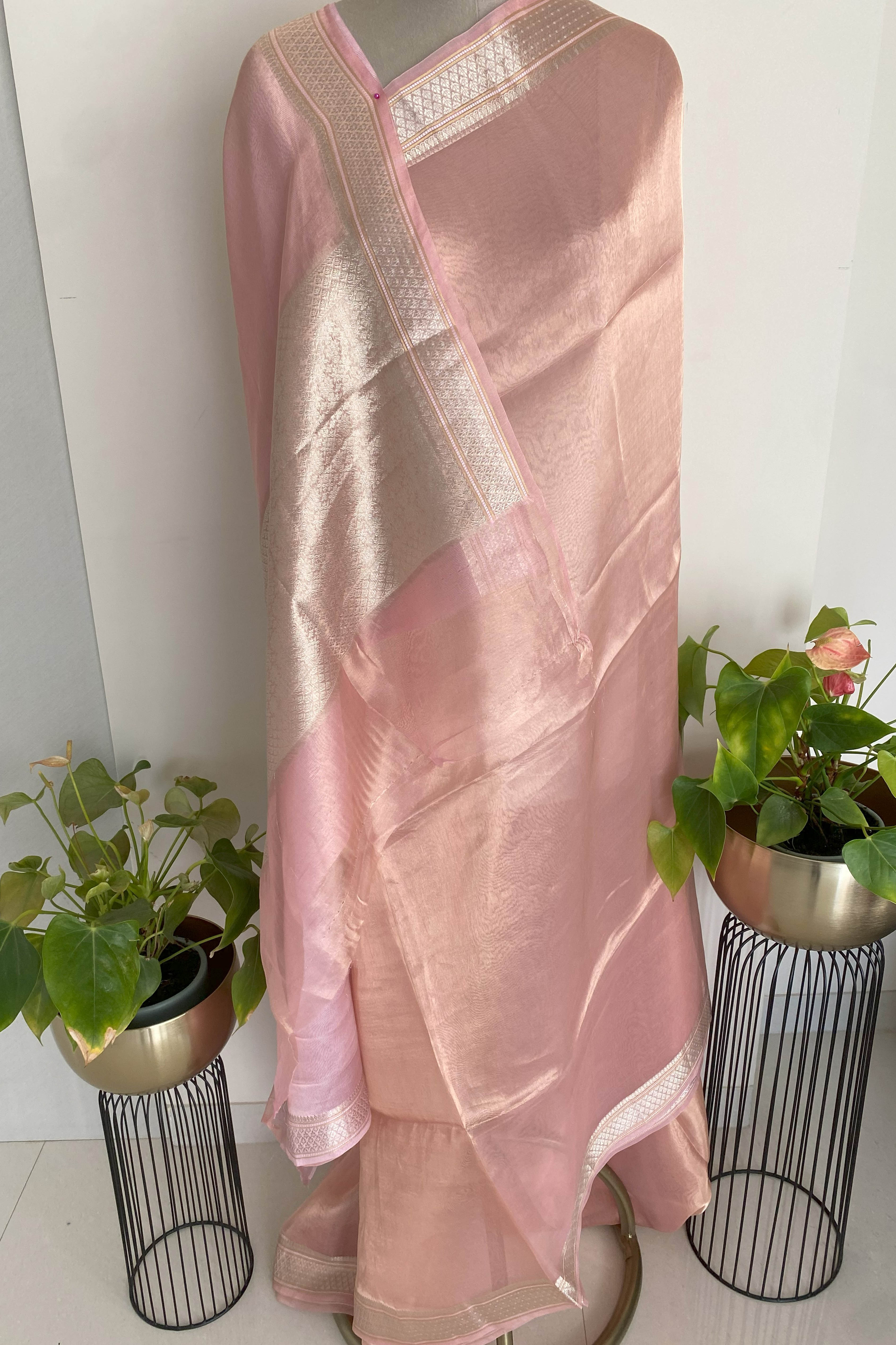 Pure Banarasi Tissue Silk Saree in Light Pink Colour - Indian Handloomz