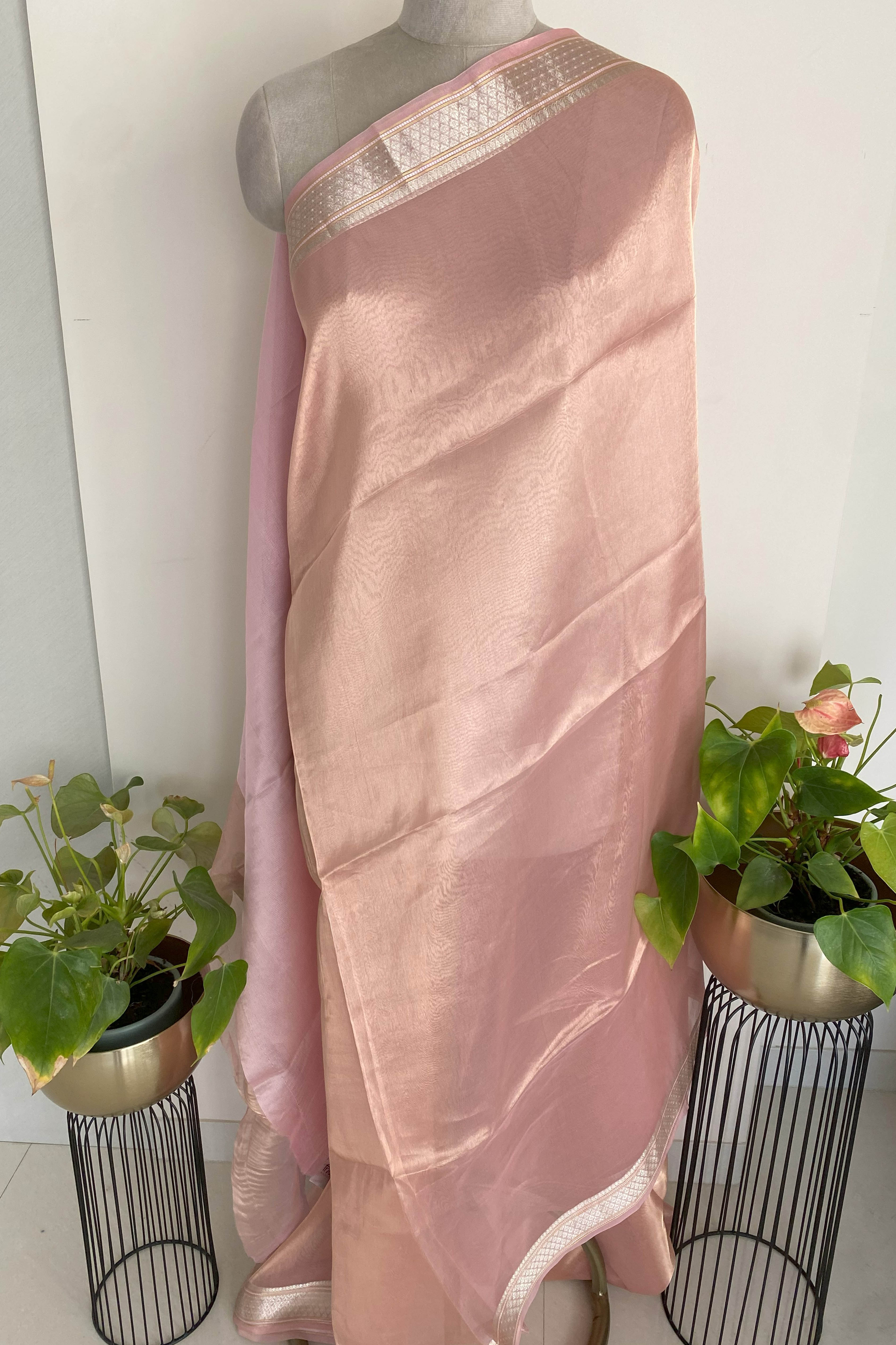 Pure Banarasi Tissue Silk Saree in Light Pink Colour - Indian Handloomz