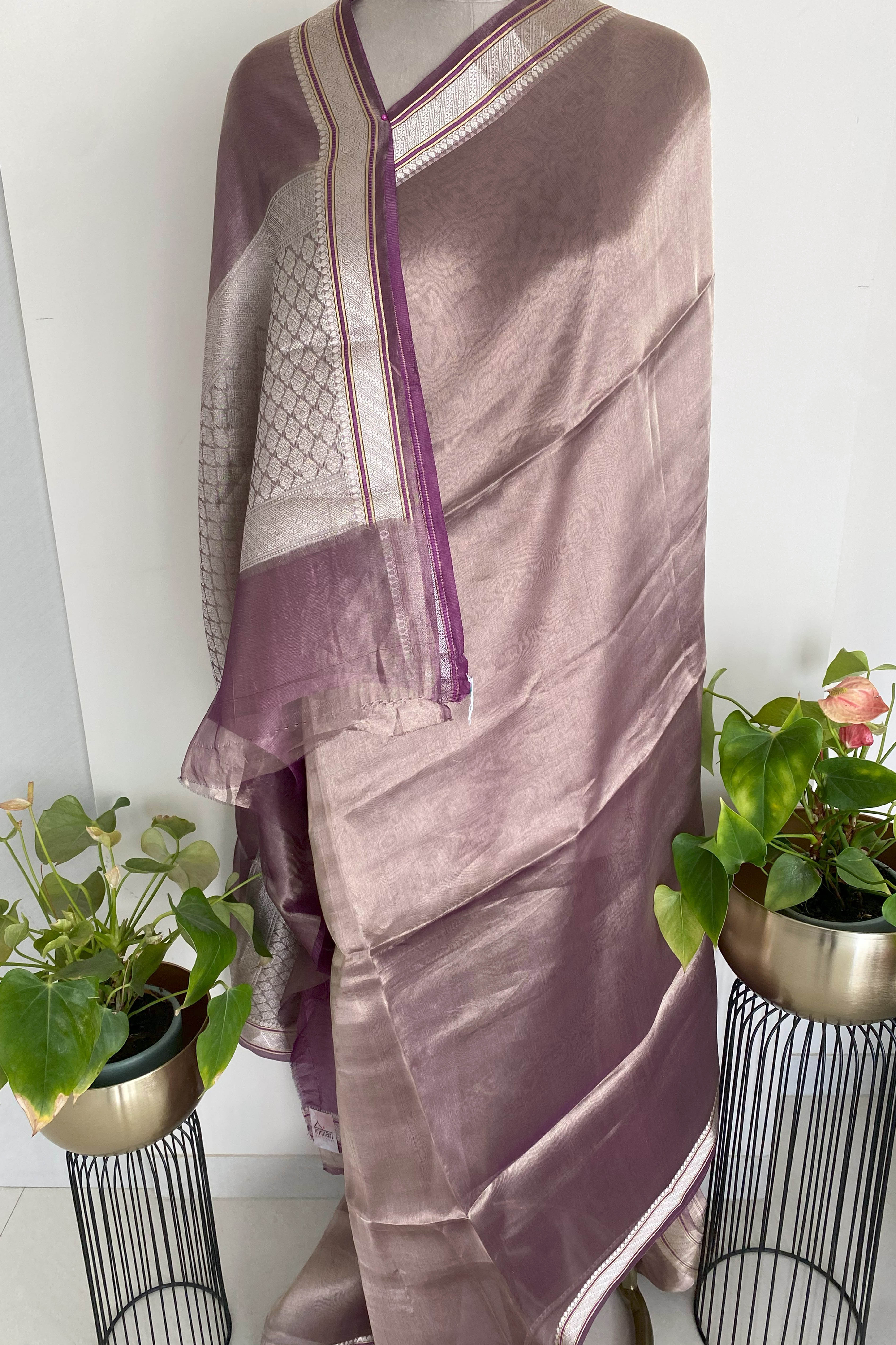 Pure Banarasi Tissue Silk Saree in Light Violet Colour - Indian Handloomz