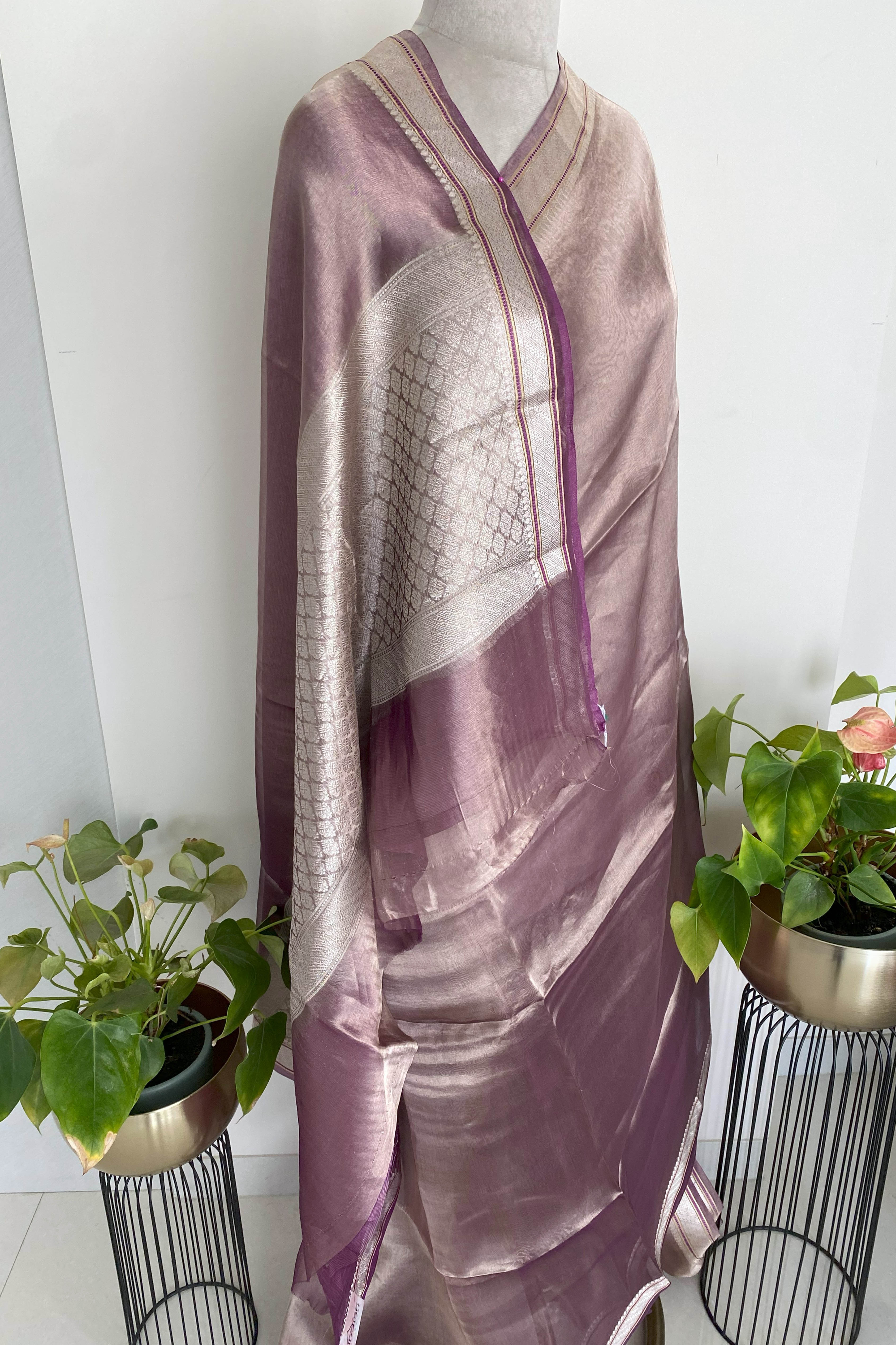 Pure Banarasi Tissue Silk Saree in Light Violet Colour - Indian Handloomz