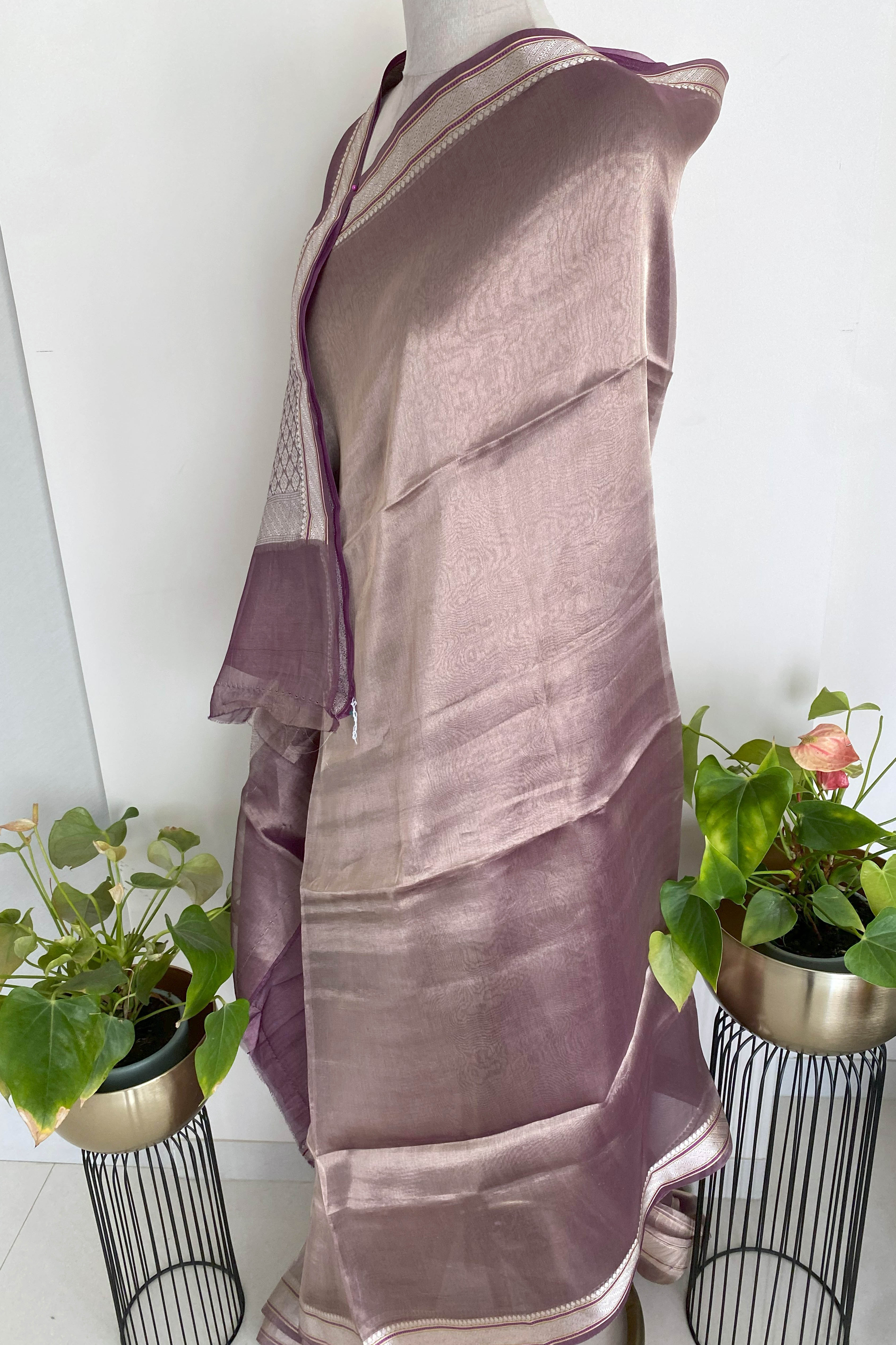 Pure Banarasi Tissue Silk Saree in Light Violet Colour - Indian Handloomz