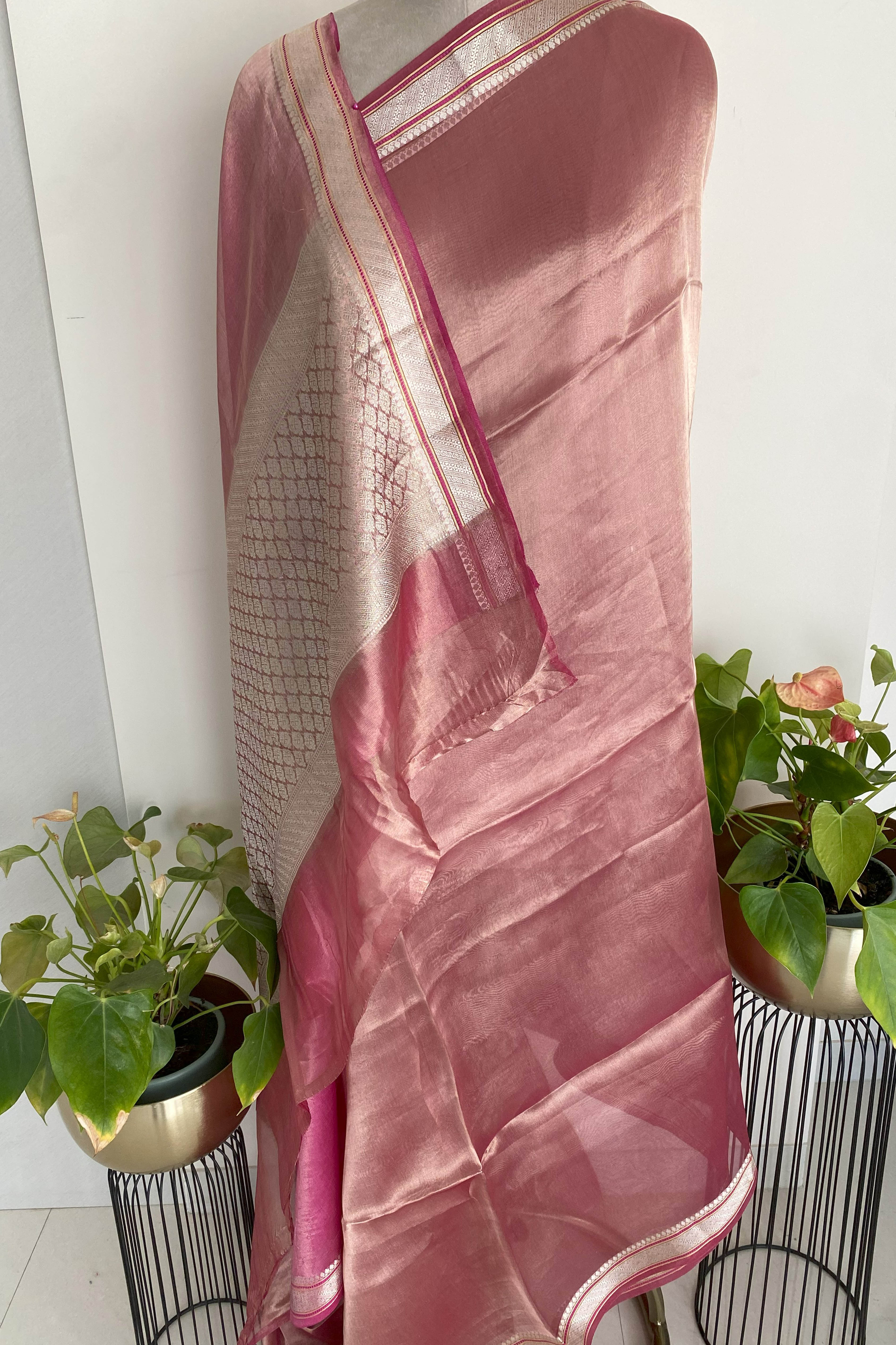 Pure Banarasi Tissue Silk Saree in Shimmery Onion Pink Colour - Indian Handloomz
