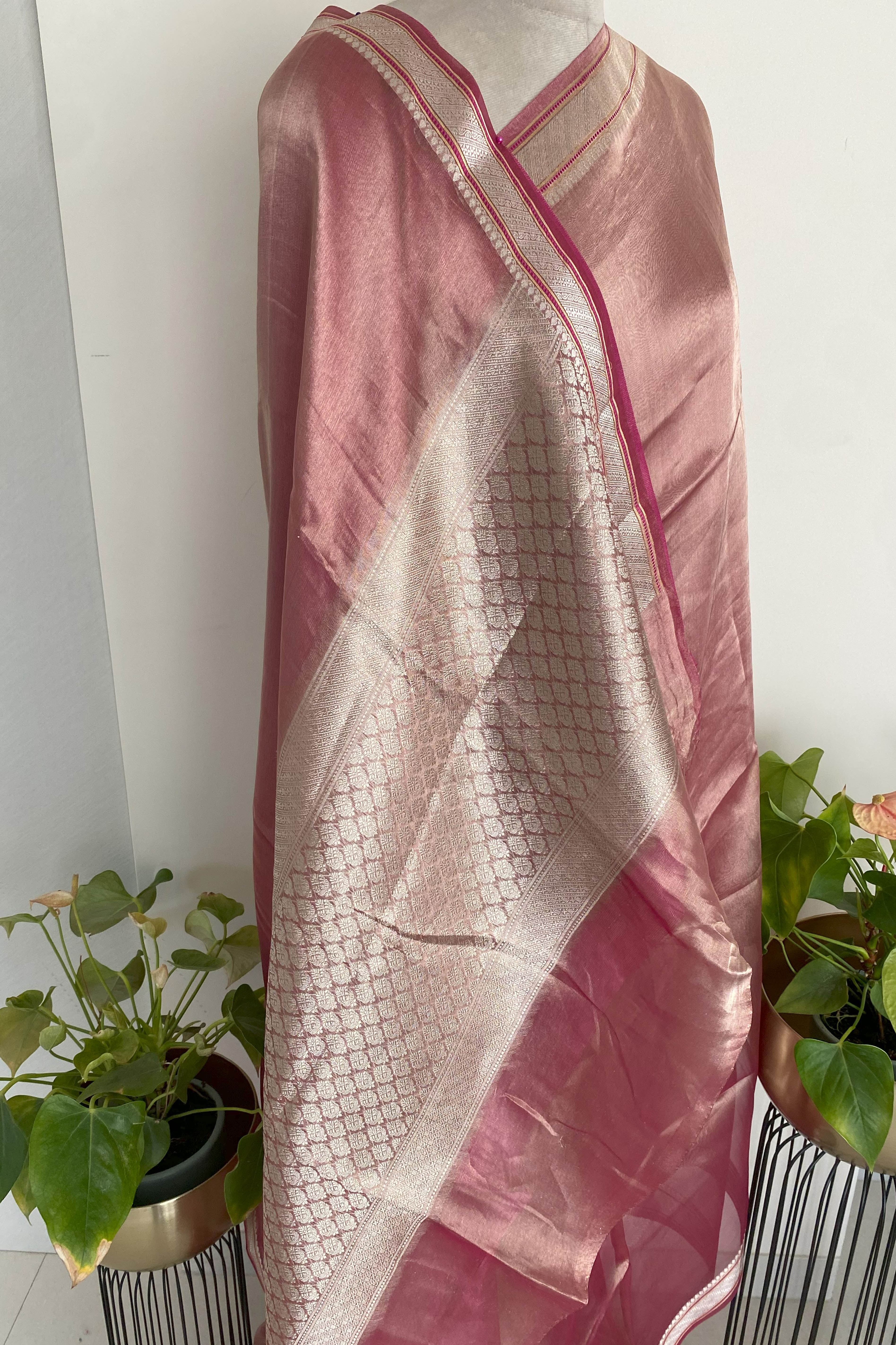 Pure Banarasi Tissue Silk Saree in Shimmery Onion Pink Colour - Indian Handloomz