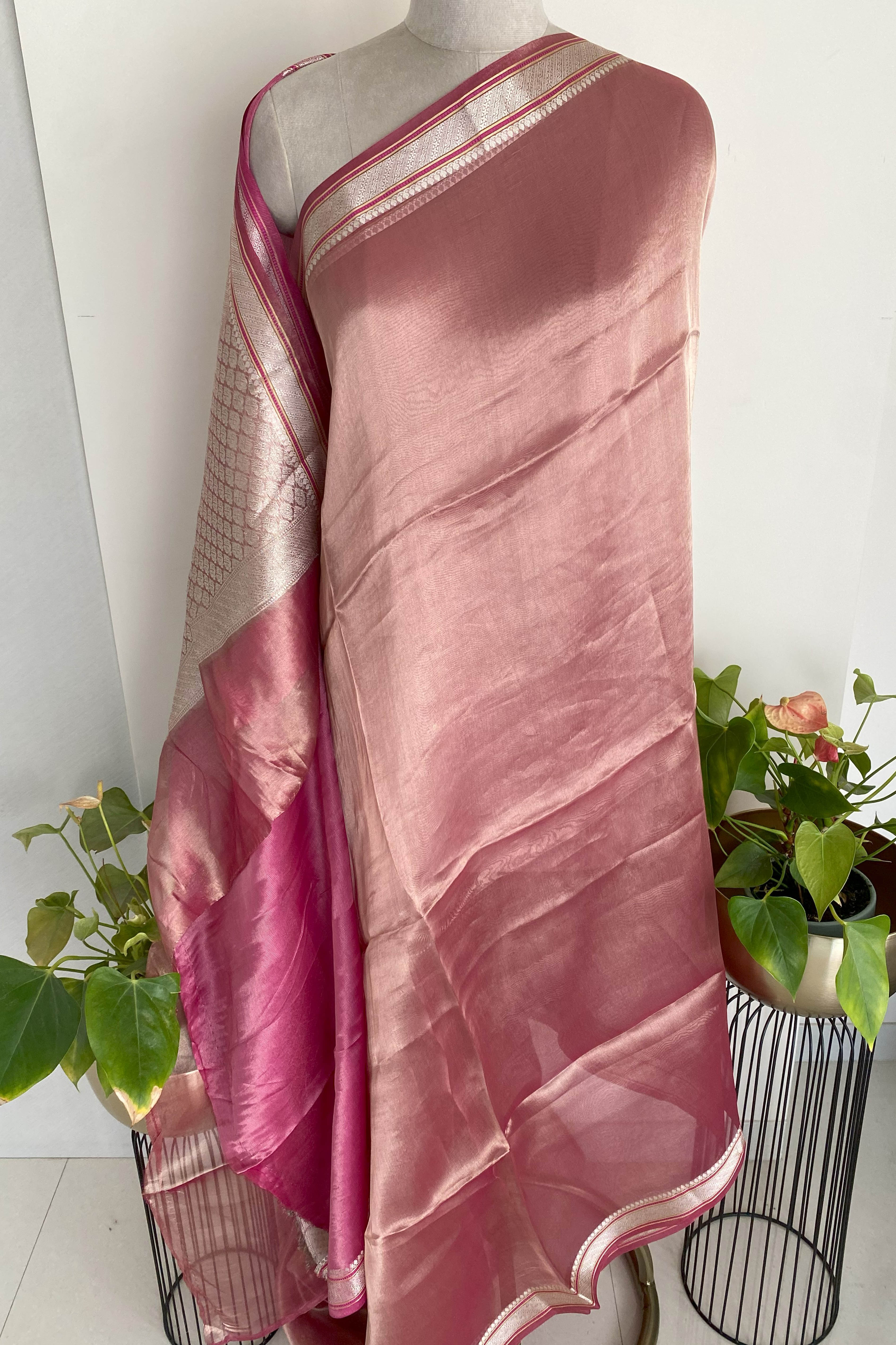 Pure Banarasi Tissue Silk Saree in Shimmery Onion Pink Colour - Indian Handloomz
