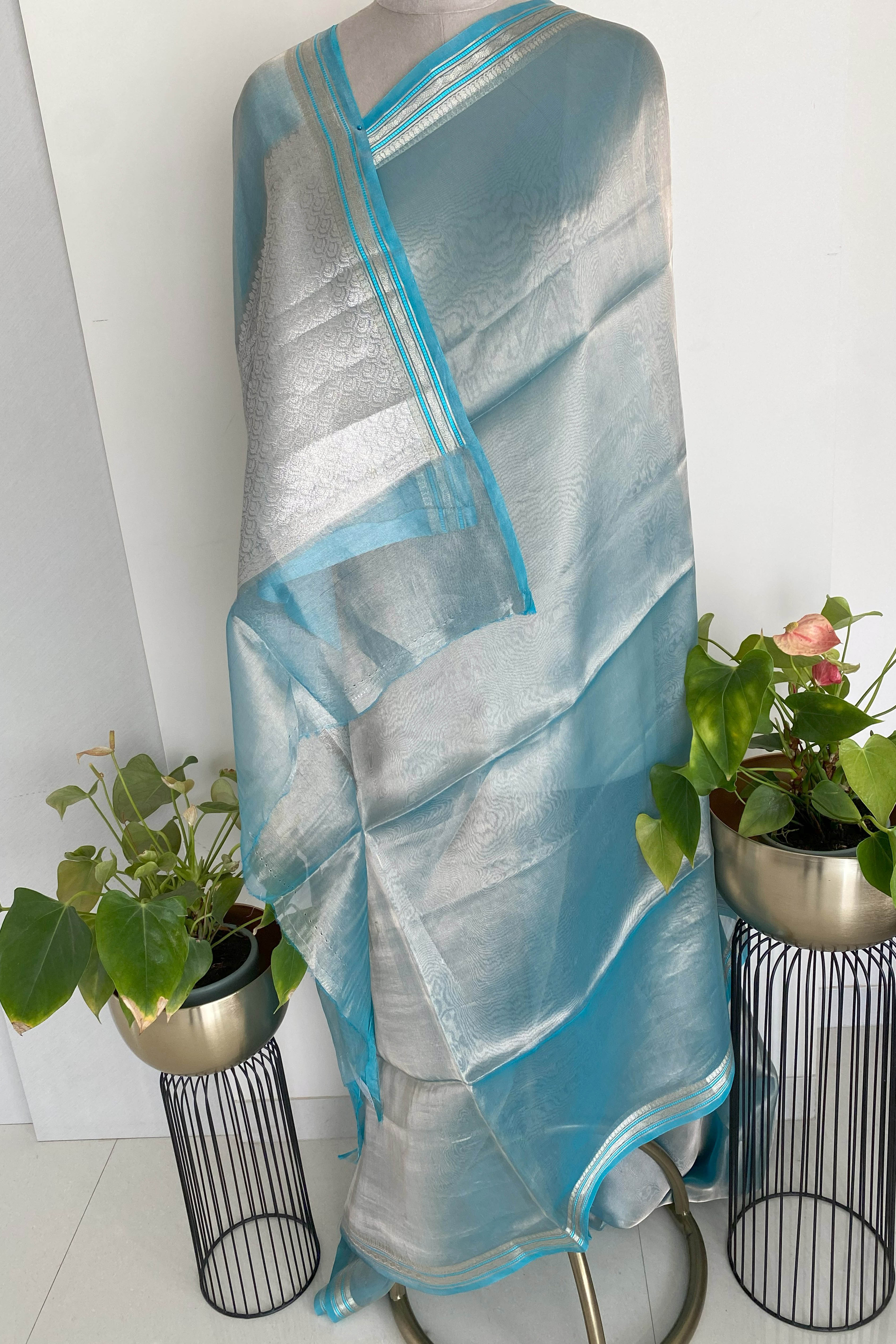 Pure Banarasi Tissue Silk Saree in Sky Blue - Indian Handloomz