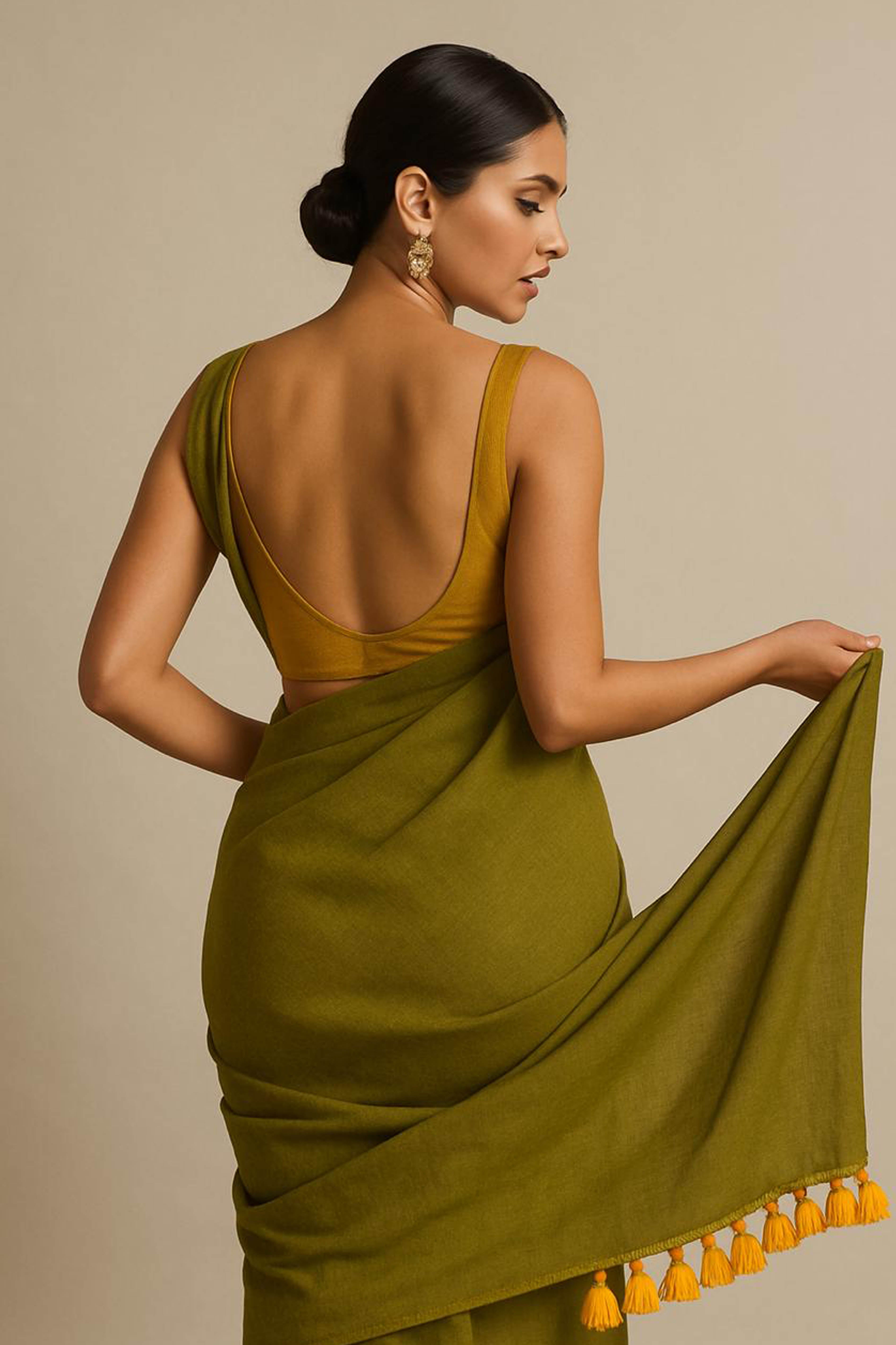 Pure Cotton Olive Green Saree with Yellow Tassels & Blouse Piece - Indian Handloomz
