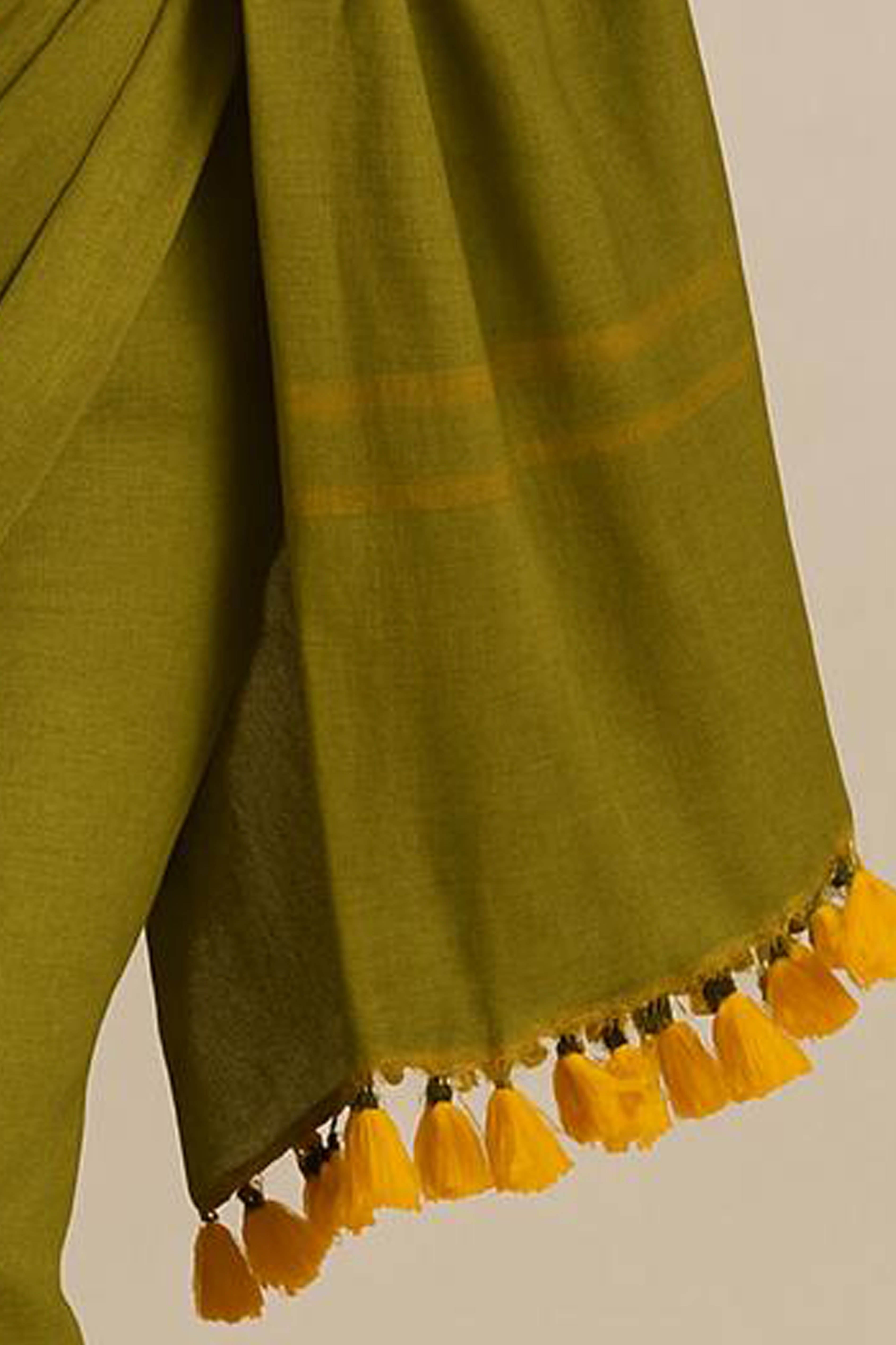 Pure Cotton Olive Green Saree with Yellow Tassels & Blouse Piece - Indian Handloomz