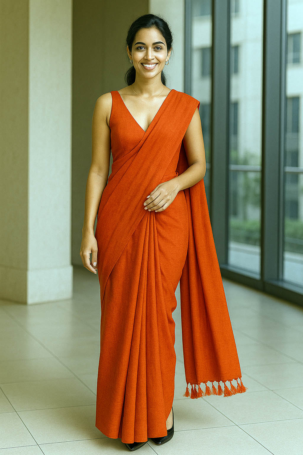Pure Cotton Plain Orange Saree with tassels - Indian Handloomz